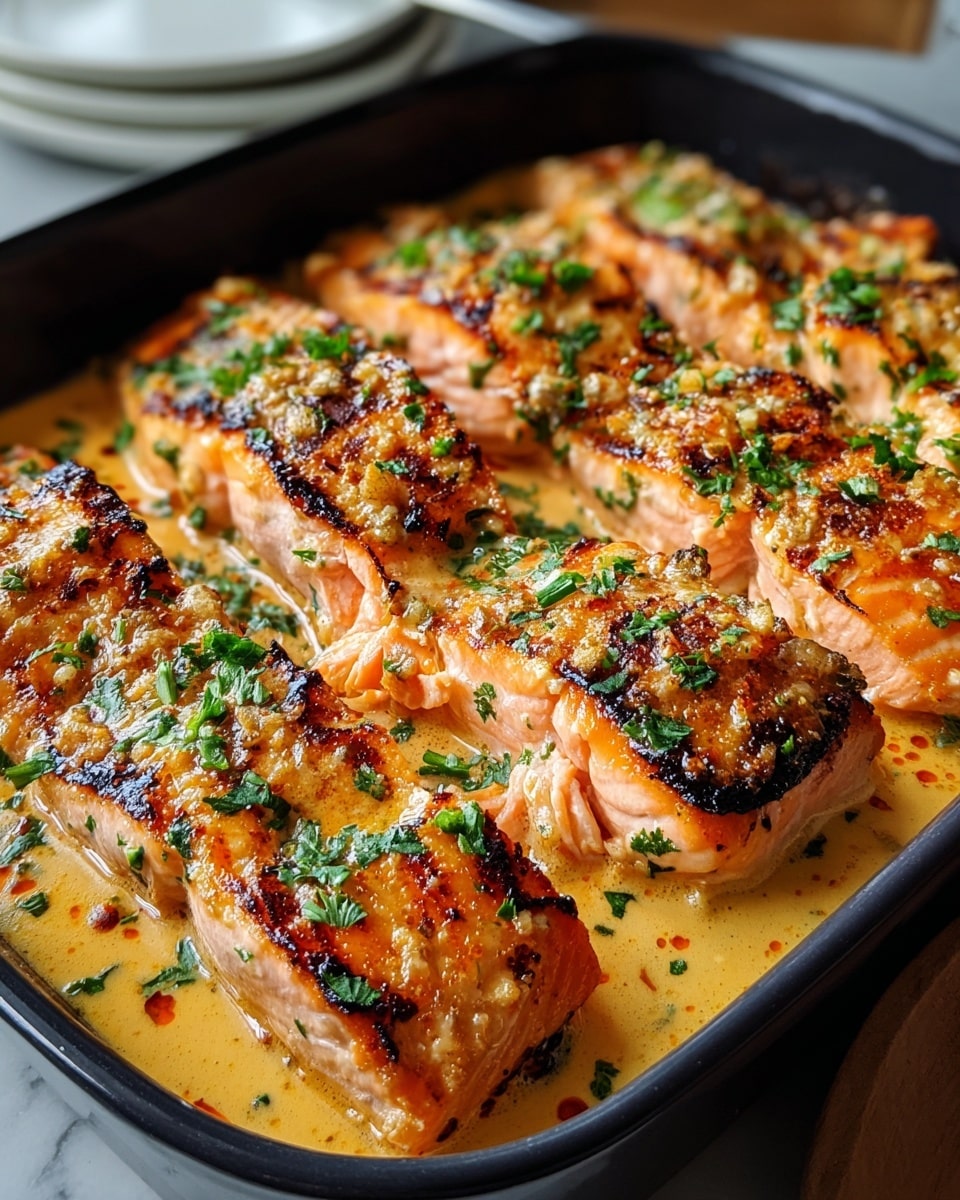 The image shows a close-up of a black baking dish filled with grilled salmon pieces arranged in layers. Each piece is golden orange with visible grill marks and a slightly charred texture, and the fish looks moist and tender. The salmon is covered in a creamy, yellow-orange sauce that pools at the bottom of the dish. Fresh green chopped herbs are sprinkled evenly over all the salmon pieces, adding a pop of color. The dish sits on a white marbled surface with some blurred white plates in the background. Photo taken with an iphone --ar 4:5 --v 7