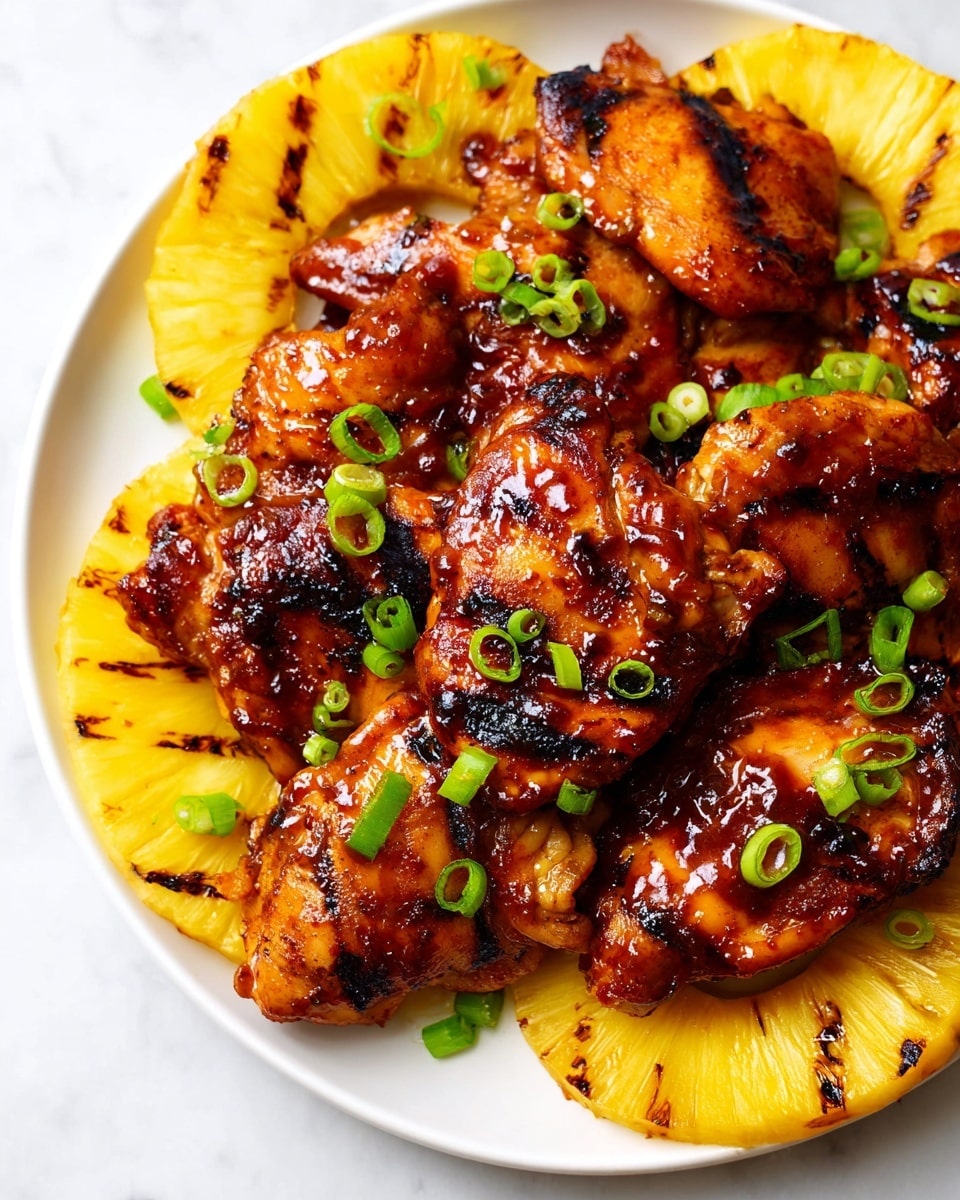 A white plate holds a pile of grilled chicken thighs glazed in a shiny, dark reddish-brown sauce with visible grill marks, making the surface look slightly crispy and sticky. Around the chicken, thick, circular slices of bright yellow grilled pineapple with caramelized edges form a border. The chicken pieces are sprinkled with small, bright green chopped scallions, adding freshness and contrast. The plate sits on a white marbled textured surface. photo taken with an iphone --ar 4:5 --v 7