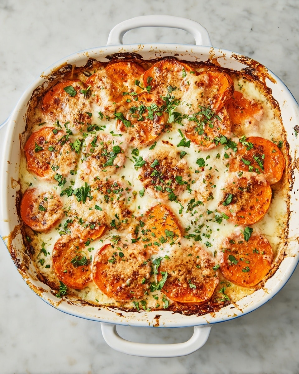 A white baking dish filled with a layered casserole showing rounds of golden-brown melted cheese on top, scattered with fresh chopped green herbs. Beneath the cheese, there are slices of reddish-orange roasted sweet potatoes visible on the top layer. The dish has a creamy, slightly browned texture with some crispy edges around the side of the dish. The casserole is placed on a white marbled surface, creating a clean and bright contrast with the warm colors of the food. photo taken with an iphone --ar 4:5 --v 7