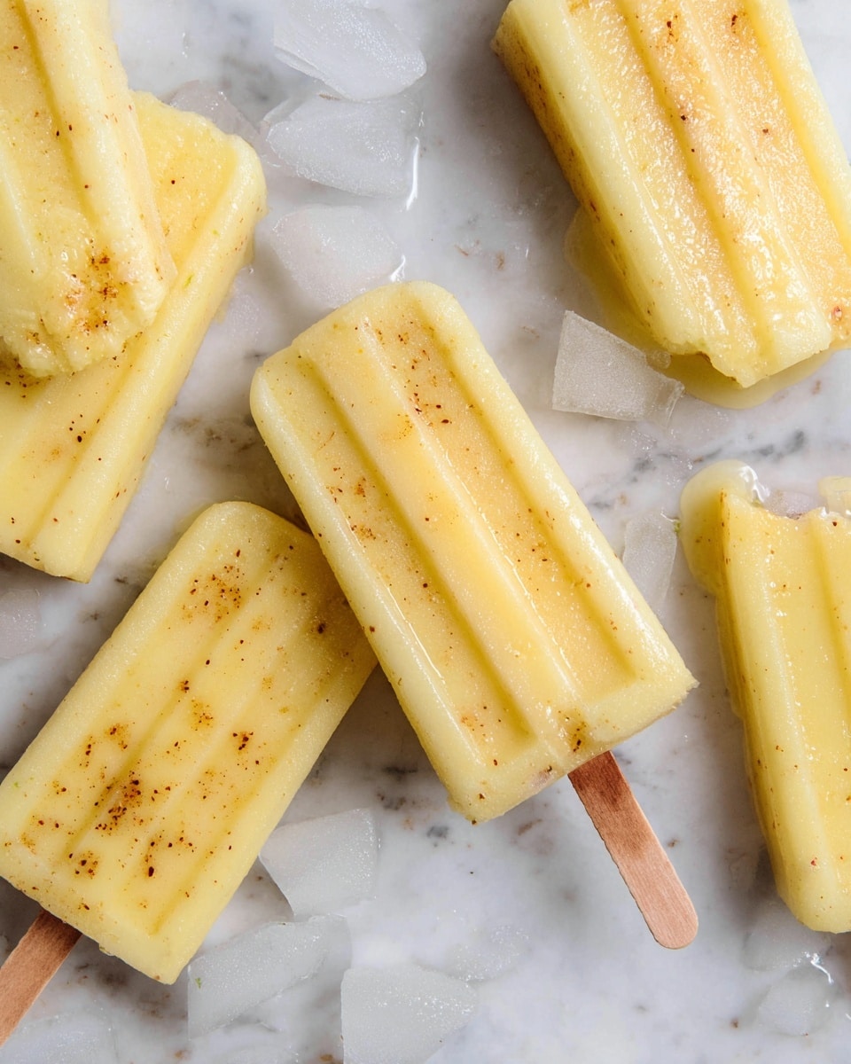 Several pale yellow popsicles with small brown specks are laid out on a white marbled surface with melting ice cubes around them. Each popsicle has a smooth, rectangular shape with slight ridges on the surface and is attached to a light brown wooden stick at the bottom. One popsicle is partially bitten on the top right corner, showing a smooth texture inside. The popsicles seem slightly melting with some glossy liquid around them, blending softly into the marble background. photo taken with an iphone --ar 4:5 --v 7