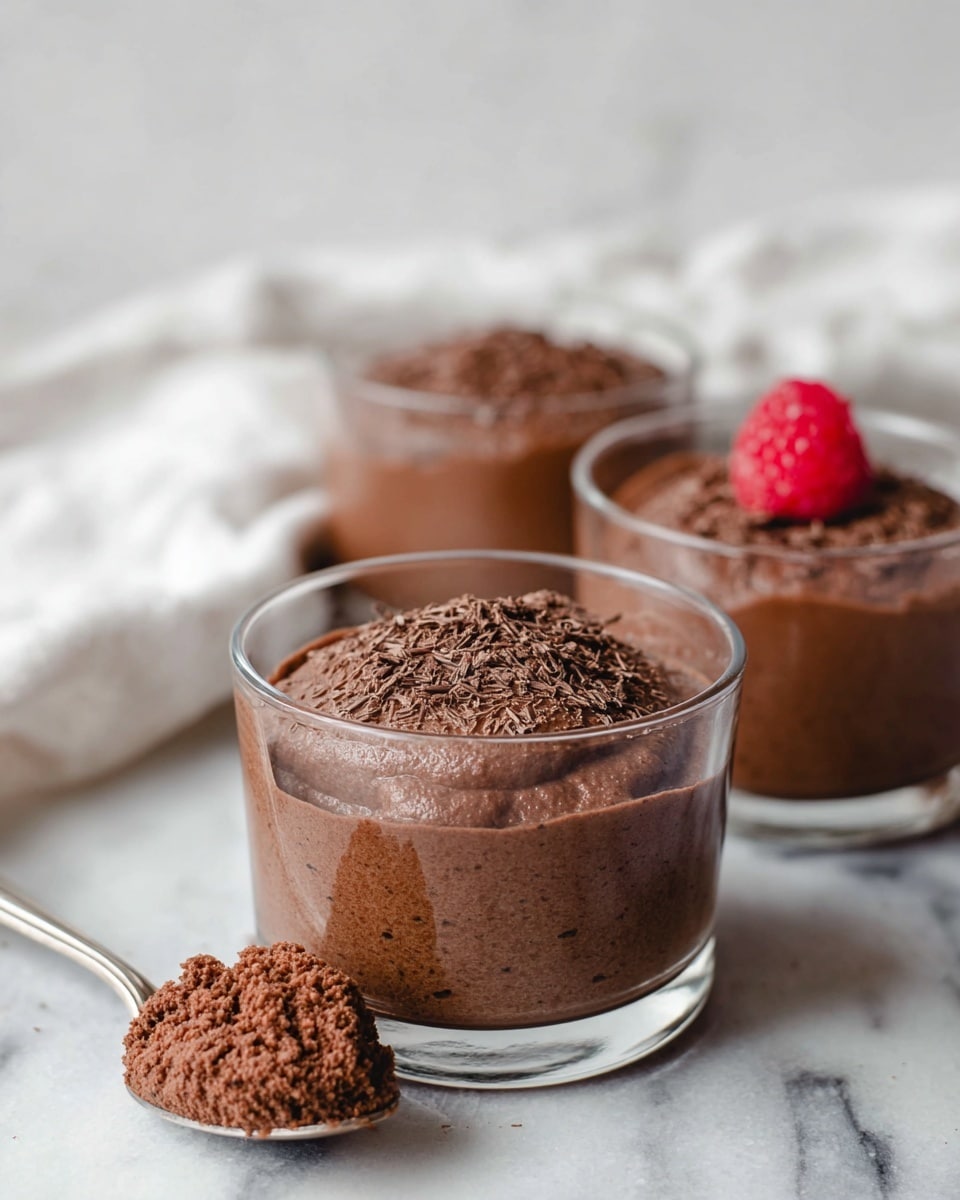 The image shows three clear glass cups filled with smooth, dark brown chocolate mousse topped with fine chocolate shavings. The cup in front has a spoon resting on its edge, holding a scoop of the creamy, airy mousse with a textured surface. In the background, one cup is topped with a single red raspberry, while the other cup remains plain. All cups sit on a white marbled surface with a soft white cloth partially visible. The lighting is soft and natural, highlighting the rich, velvety texture of the mousse. Photo taken with an iphone --ar 4:5 --v 7