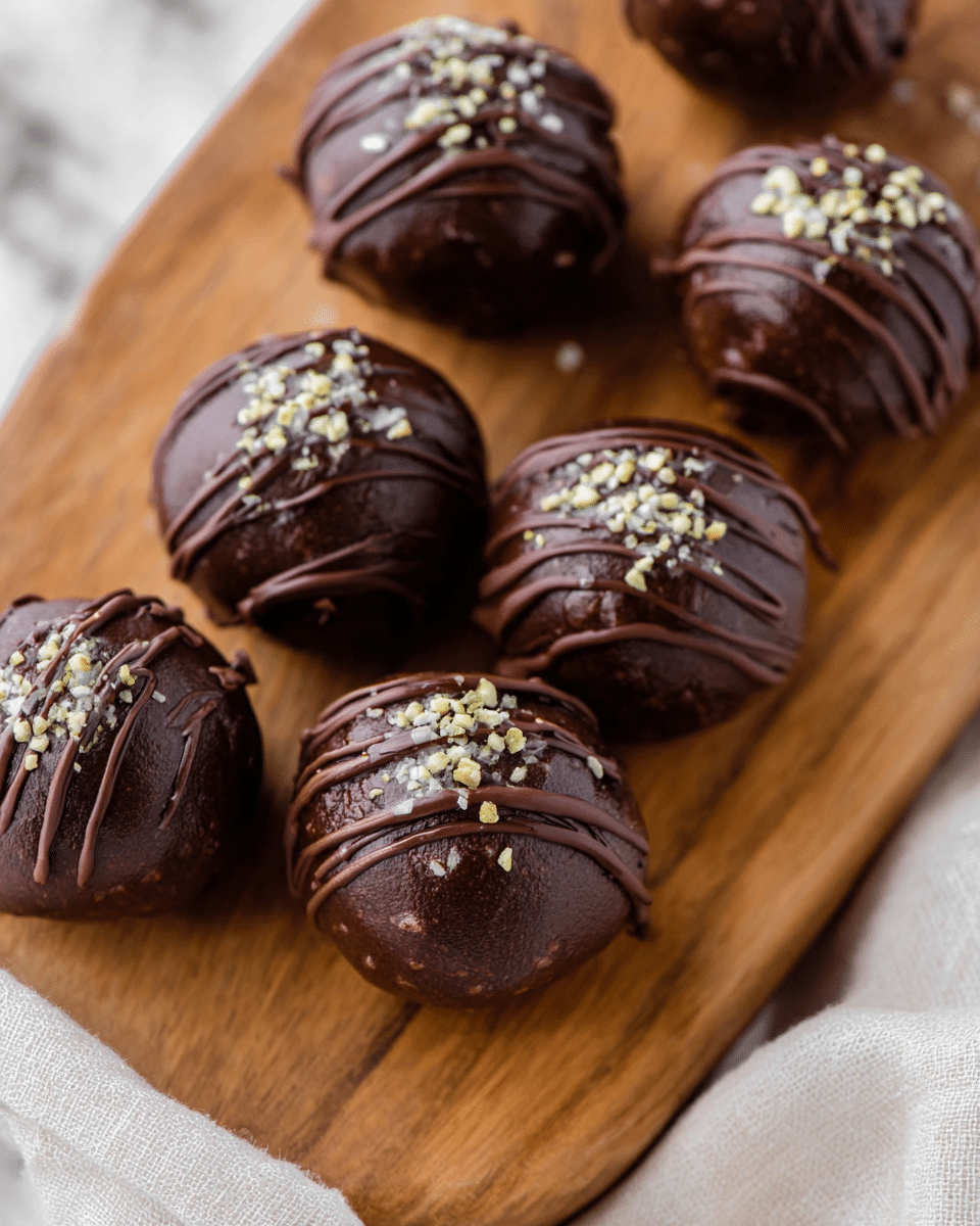 Six round dark brown chocolate balls sit closely on a wooden board with smooth texture and warm color. Each ball is drizzled with thin lines of darker chocolate sauce that give a shiny and slightly glossy look. On top of each chocolate ball are small white and light green seeds, adding a bit of texture and contrast. The background shows a soft white marbled texture with a bit of fabric visible on the right side. Photo taken with an iphone --ar 4:5 --v 7