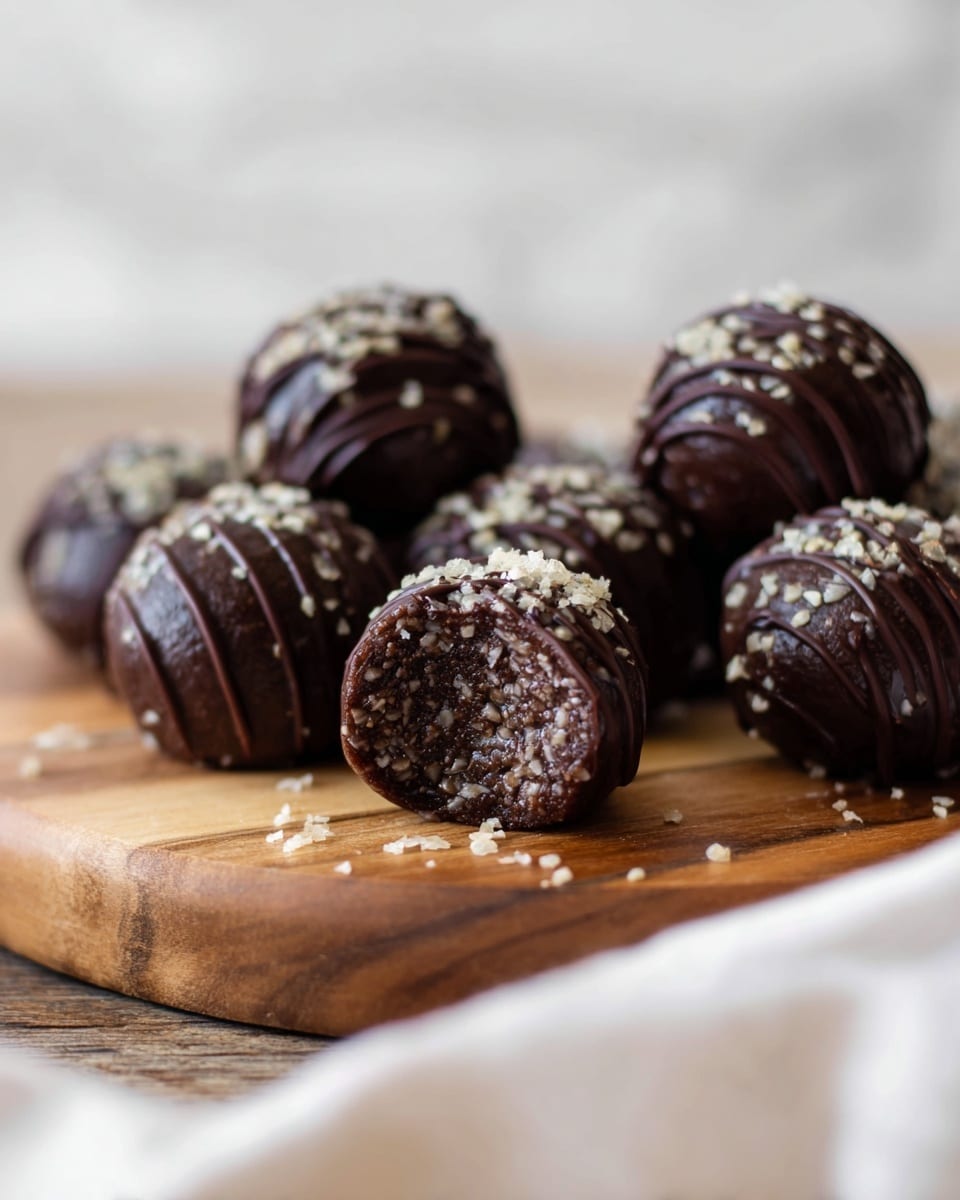 The image shows a group of nine round chocolate balls arranged on a wooden surface with a white marbled background. Each ball has a dark chocolate base with small white seed-like bits embedded in the surface, adding texture. The balls have a shiny drizzle of dark chocolate on top in thin lines, and a sprinkling of small white pieces is scattered over the drizzle. One ball in the front is cut in half, revealing a soft, moist, and slightly grainy interior with visible small seeds and bits inside. A white cloth is partially visible at the bottom, softly blurred. Photo taken with an iphone --ar 4:5 --v 7