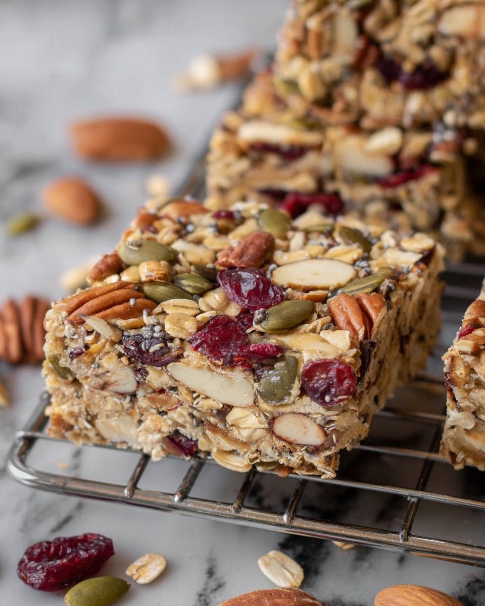 The image shows a close-up of a thick, square granola bar with a dense texture. The granola bar has one visible main layer filled with various nuts like pecans, almonds, and pumpkin seeds, mixed with dried red cranberries and oats. The colors in the bar range from light brown and beige from the oats and nuts to dark red from the dried fruits, with green pumpkin seeds scattered inside and on top. The granola bars are resting on a metal wire rack, and the background has a white marbled texture with a few loose nuts and seeds around. Photo taken with an iphone --ar 4:5 --v 7
