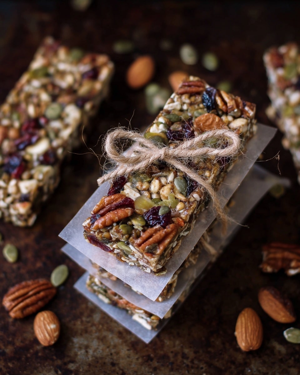 The image shows three rectangular nut and seed bars stacked in the center, tied together with a piece of rough twine forming a bow on top. Each bar has a visible dense top layer made of various nuts such as pecans, walnuts, and pumpkin seeds, with a mix of dried cranberries and puffed grains creating a textured, multicolored surface of brown, green, dark red, and tan. The bars rest on thin sheets of translucent parchment paper. To the left, more nut bars lie flat with the same nut and seed pattern, slightly out of focus. The background is a dark brown rustic surface, with scattered nuts and seeds around. photo taken with an iphone --ar 4:5 --v 7