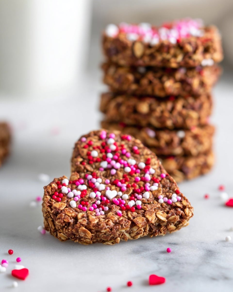 A close-up of a heart-shaped cookie made with oats and chocolate, covered with small red, pink, and white round sprinkles spread unevenly on top. Behind it, there is a stack of five similarly textured oat and chocolate cookies in a neat pile, all on a white marbled surface. The cookie in front shows a rough and crunchy texture with visible oats mixed in, while the stack in the back is slightly blurred. Scattered heart-shaped and round sprinkles are on the white marbled surface. Photo taken with an iphone --ar 4:5 --v 7