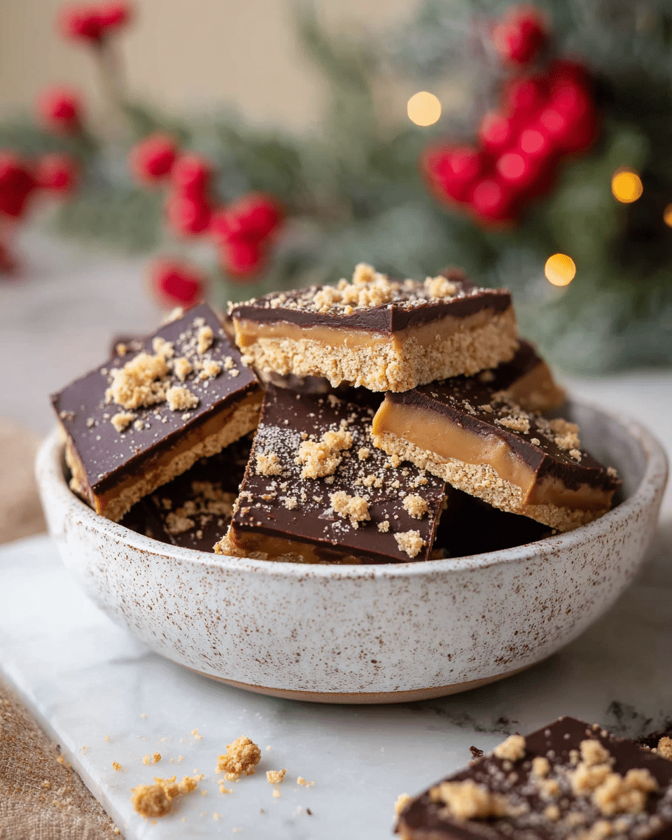 A bowl filled with several square-shaped treats that have three visible layers: a bottom light brown crumbly base, a middle layer of smooth peanut butter, and a top layer of dark chocolate with small crushed brown cookie bits sprinkled on top, some crumbs scattered around the bowl on a white marbled surface with a soft festive background of blurred red berries and green leaves, the bowl is white and speckled with a rough texture. photo taken with an iphone --ar 4:5 --v 7
