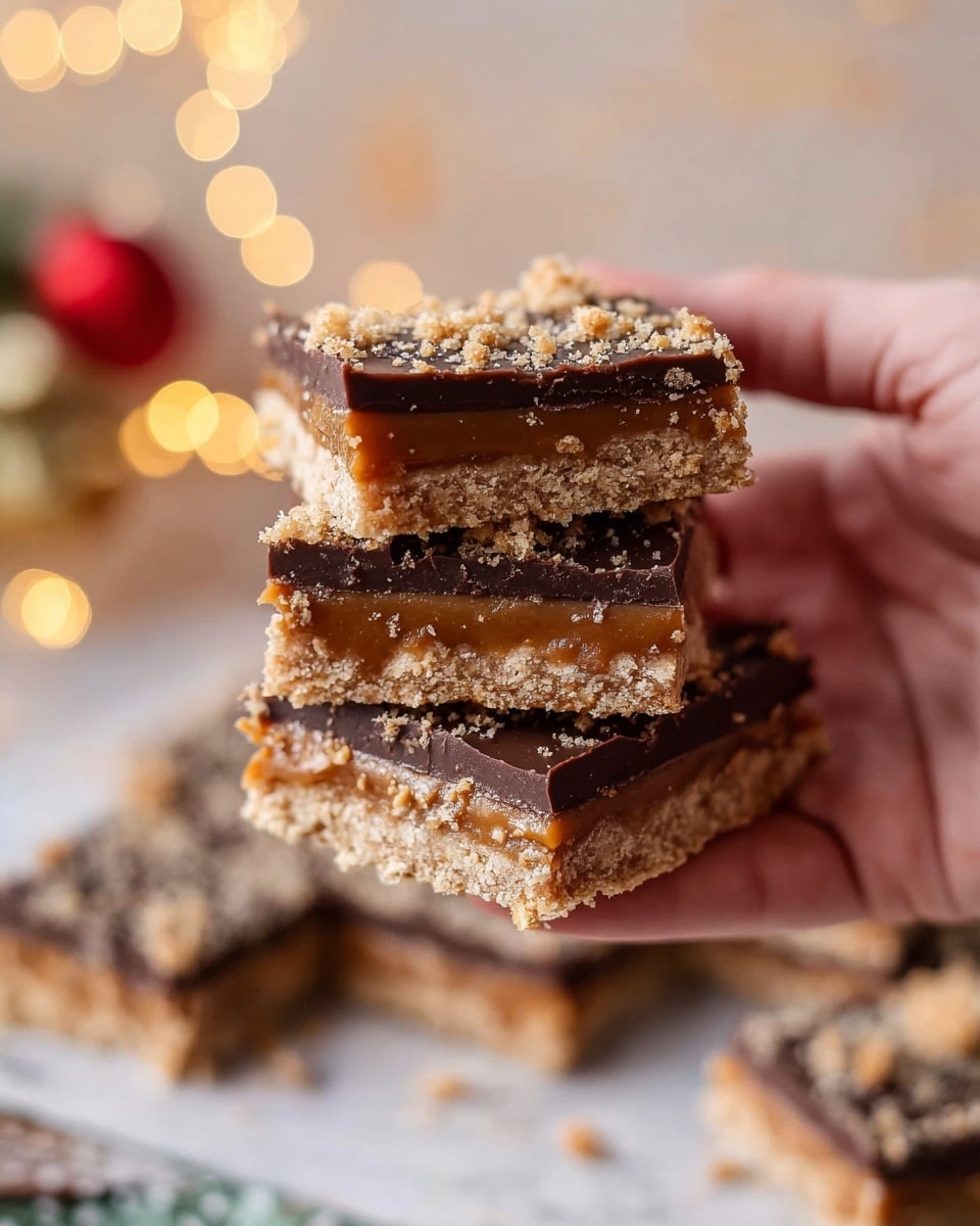 A woman's hand is holding a stack of four square dessert bars close to the camera. Each bar has three visible layers: the bottom layer is a light brown crumbly base, the middle layer is a smooth caramel that is slightly darker and glossy, and the top layer is a dark chocolate with a shiny surface. There are coarse crumbs sprinkled on top of the chocolate layer. In the background, more of these dessert bars are arranged in a grid on a white marbled surface with a soft focus and warm bokeh lights. Photo taken with an iphone --ar 4:5 --v 7