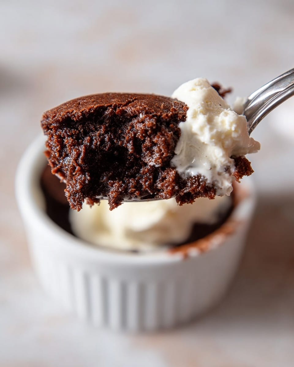 A close-up view shows a silver spoon holding a scoop of soft, moist dark brown chocolate cake with a layer of light creamy vanilla ice cream below it. The spoon is above a white baking cup filled with more chocolate cake and ice cream visible inside. The whole scene is set on a white marbled surface that softly blurs into the background, emphasizing the textures of the cake’s crumb and ice cream’s smoothness. Photo taken with an iphone --ar 4:5 --v 7
