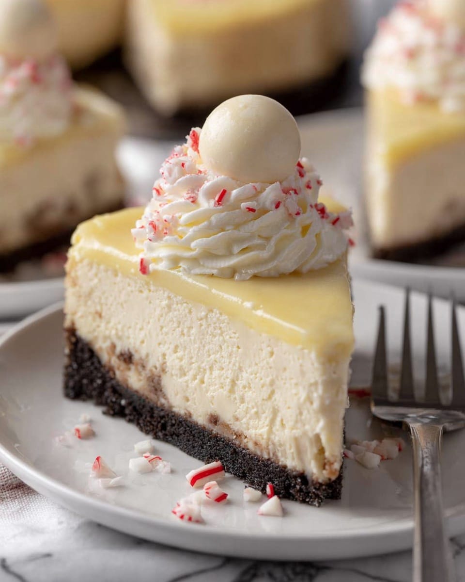 A slice of cheesecake with three clear layers sits on a white plate over a white marbled surface. The bottom layer is a dark, crumbly cookie crust. Above this is a thick, creamy light beige cheesecake layer with a smooth texture. The top layer is a pale yellow glaze, smooth and shiny. On top, there is a swirl of white whipped cream sprinkled with small red and white crushed candy pieces. A round white chocolate ball sits in the center of the whipped cream. To the right of the slice, a fork rests on the plate. In the background, more cheesecake pieces are visible but blurred. Photo taken with an iphone --ar 4:5 --v 7