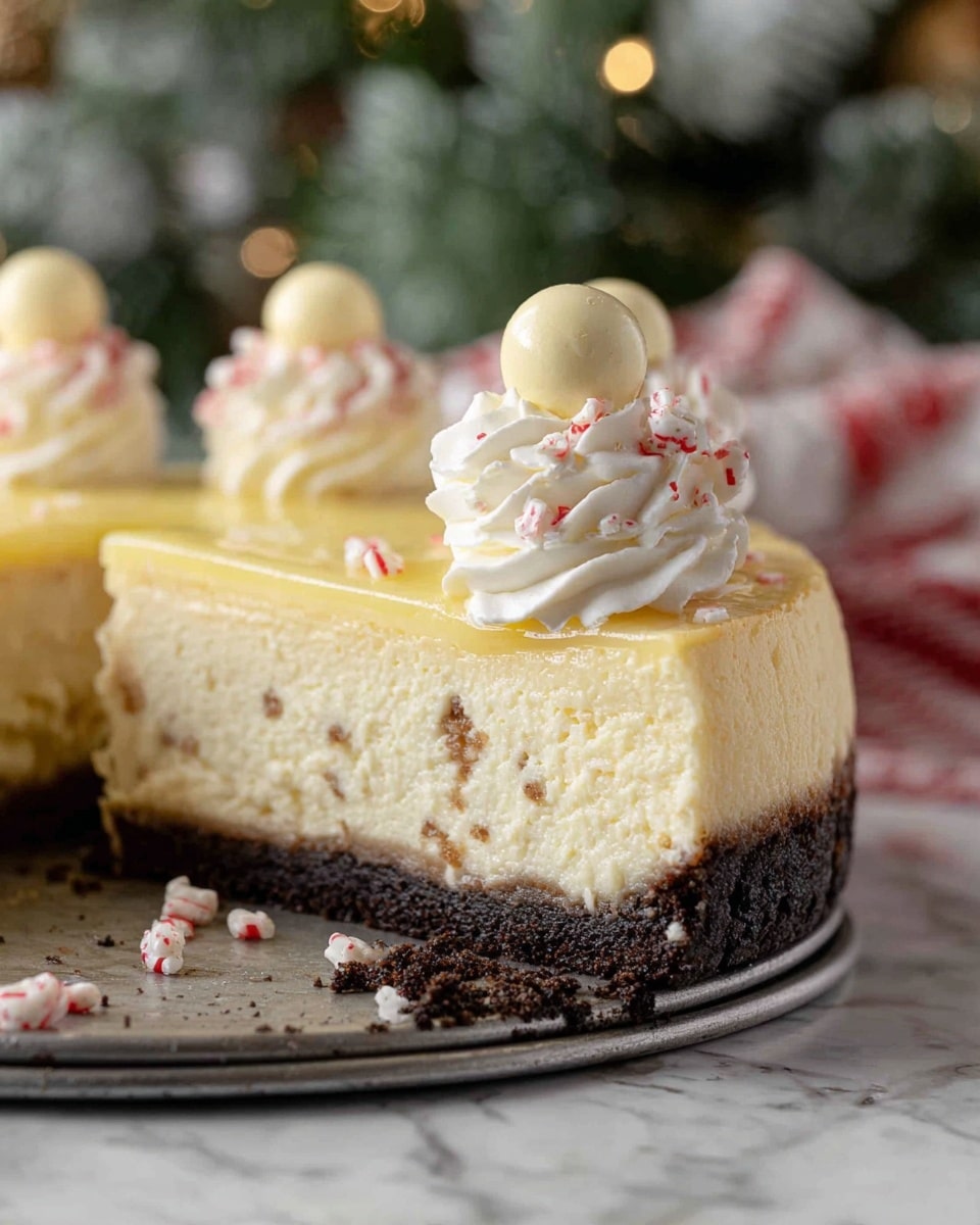 A close-up of a cheesecake slice with three distinct layers: the bottom crust is dark brown, crumbly, and pressed firmly; the middle layer is thick, creamy, and pale yellow with a smooth but slightly porous texture; the top layer is a thin, shiny, light yellow glaze unevenly spread. On top of the cheesecake, there are two white whipped cream swirls, each topped with a small, round, pale yellow candy ball, and scattered small red-and-white candy pieces. The cheesecake is on a metal tray with some crumbs, set on a white marbled surface. In the blurred background, there is green foliage and holiday decorations. photo taken with an iphone --ar 4:5 --v 7