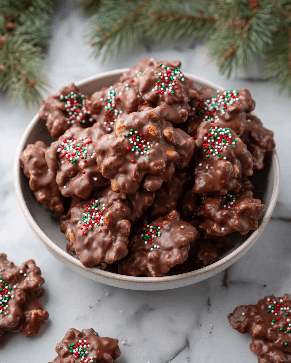 A bowl filled with many pieces of chocolate-covered nut clusters, each cluster uneven in shape with a glossy milk chocolate coating. Some of the clusters are topped with small red, white, and green round sprinkles, adding a festive touch. The clusters have a rough texture with visible nuts and a mixed bumpy surface. The bowl is white and sits on a surface with a white marbled texture. Around the bowl, there are a few more clusters scattered casually. Some green pine branches are slightly visible on the upper right side, softly out of focus. Photo taken with an iphone --ar 4:5 --v 7