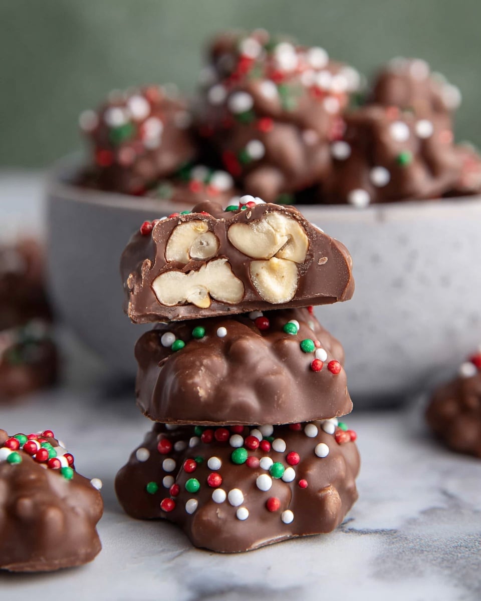 A close-up of a stack of three chocolate clusters on a white marbled surface, each cluster covered in milk chocolate and dotted with small red, white, and green round sprinkles. The top cluster is cut in half, showing a cross-section of whole pale cashew nuts embedded inside the smooth milk chocolate. More chocolate clusters are blurred in the background inside a light gray bowl. The scene has a soft focus with a green blurred background. Photo taken with an iphone --ar 4:5 --v 7