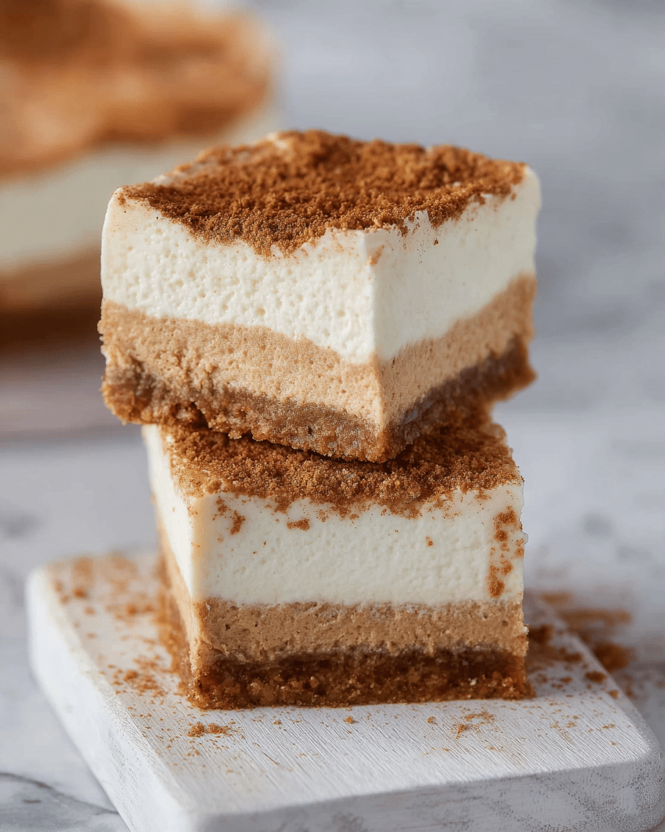 The image shows two square pieces of layered cheesecake on a white wooden board, placed on a white marbled surface. Each piece has three layers: the bottom layer is a thick, crumbly brown crust, the middle layer is a dense, light brown cheesecake filling, and the top layer is a thin, smooth white cream dusted with a fine layer of brown crumbs. The piece on top is slightly tilted and resting on the bottom piece, showing the creamy texture inside. Photo taken with an iphone --ar 4:5 --v 7