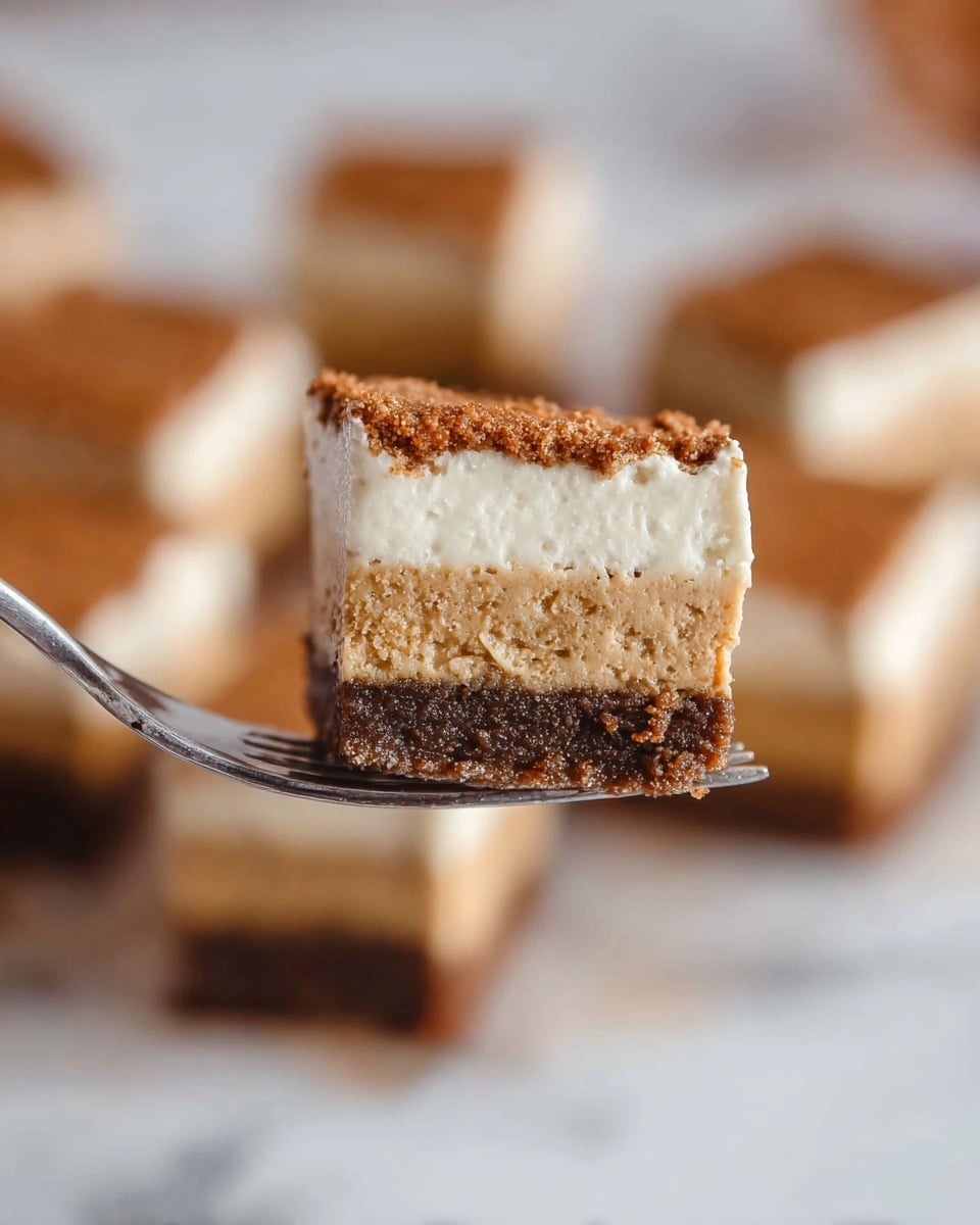 A close-up of a fork holding a small square piece of cake with three layers: a dark brown crumbly base, a thick middle layer of light brown creamy cake, and a thin top layer of white frosting with a crumbly brown sprinkle edge, with more squares of the same cake blurred in the background on a white marbled surface, photo taken with an iphone --ar 4:5 --v 7