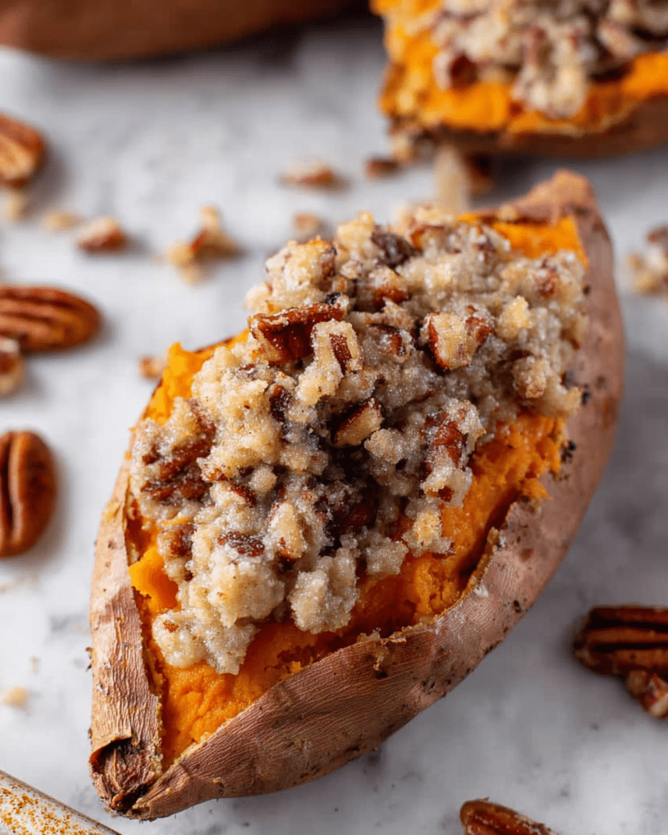 A close-up of a baked sweet potato cut in half horizontally shows three main layers: the base is the orange soft flesh of the sweet potato, topped with a thick layer of crunchy pecan pieces mixed with a light beige crumbly topping that looks creamy and slightly glossy. The sweet potato skin forms a rough brown edge around the orange flesh and topping. The half is placed on a white marbled surface with some pecan halves scattered nearby. Photo taken with an iphone --ar 4:5 --v 7