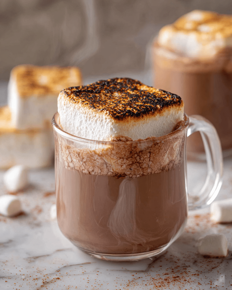 A clear glass mug filled with creamy light brown hot chocolate forms the first layer, slightly steaming. On top, a large square marshmallow with a white base is toasted golden brown with darker charred spots, sitting gently on the drink's surface. In the background, more toasted marshmallows and a second glass mug of hot chocolate are softly blurred. The setting is a white marbled surface with scattered marshmallow crumbs, creating a cozy and inviting atmosphere. photo taken with an iphone --ar 4:5 --v 7