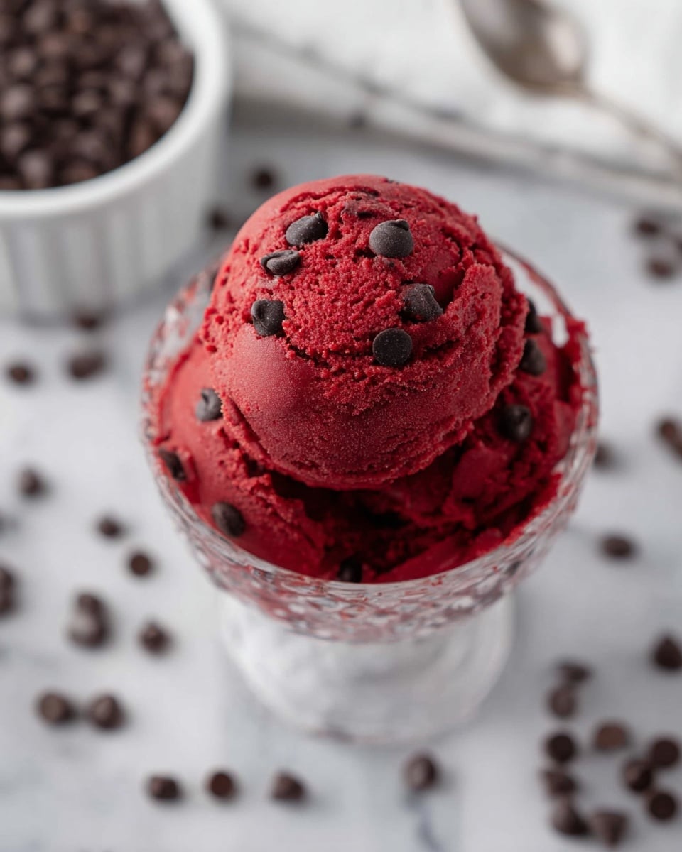 A close-up of a scoop of deep red ice cream with a smooth, creamy texture, scattered with small, dark chocolate chips throughout and on top. The ice cream is in a clear glass bowl placed on a white marbled surface with chocolate chips spread around. In the background, there is a white bowl filled with dark chocolate chips slightly out of focus. photo taken with an iphone --ar 4:5 --v 7