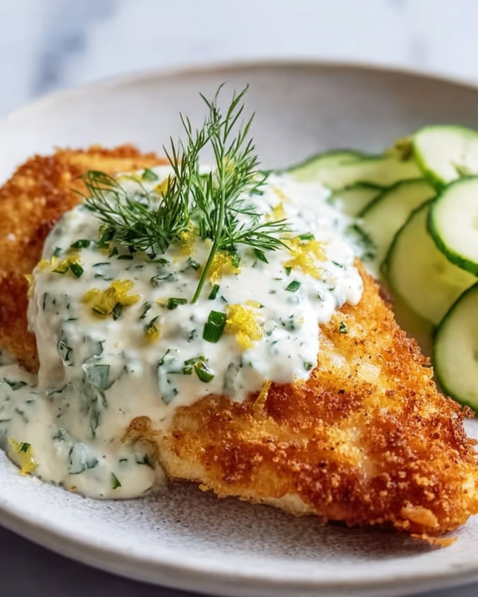 A golden-brown crispy fried fish fillet sits centered on a white plate with a slightly rough texture. On top of the fillet is a thick white creamy sauce mixed with small green herb pieces and bits of yellow lemon zest. A small fresh green dill sprig rests delicately on the sauce, adding a touch of color contrast. To the right side of the plate, some thin sliced cucumber pieces with a shiny, moist surface peek into the frame. The background is a clean, white marbled texture that highlights the vibrant colors of the food. photo taken with an iphone --ar 4:5 --v 7
