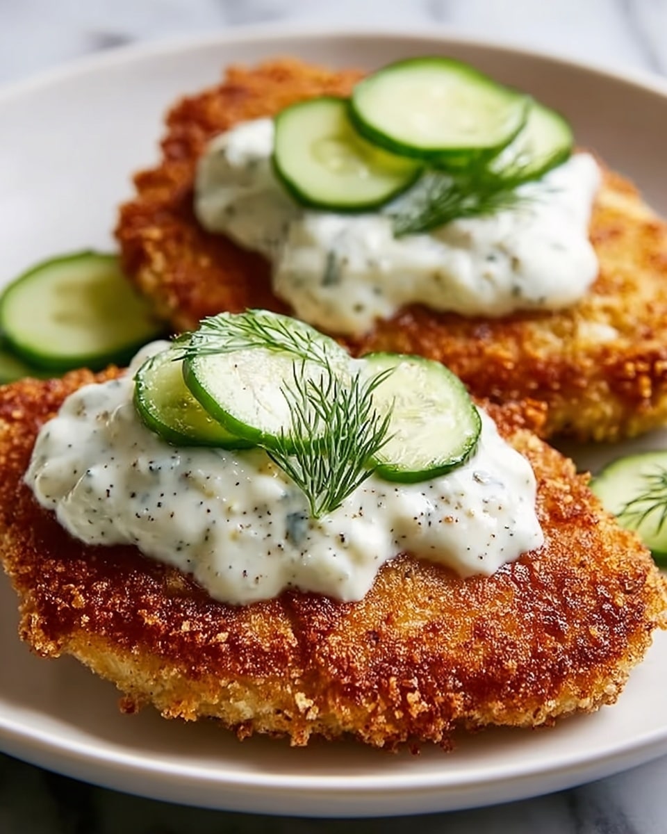 Two pieces of golden brown, crispy fried patties are served on a white plate. Each patty has a rough, crunchy texture and is topped with a dollop of white creamy sauce speckled with black pepper. On top of the sauce, there are thin green cucumber slices and a small sprig of fresh dill, adding a touch of green color. The plate rests on a white marbled surface. photo taken with an iphone --ar 4:5 --v 7