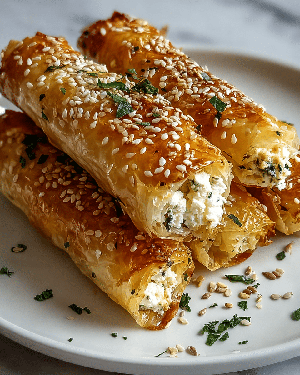 Three golden-brown, crispy rolls are stacked on a white plate with a white marbled texture underneath. Each roll shows a flaky, shiny, and textured outer layer topped with toasted sesame seeds and small green herb pieces. Inside, the rolls reveal a white, crumbly cheese filling mixed with herbs. The plate is slightly scattered with green herbs and sesame seeds around the rolls, giving a fresh and appetizing look. photo taken with an iphone --ar 4:5 --v 7