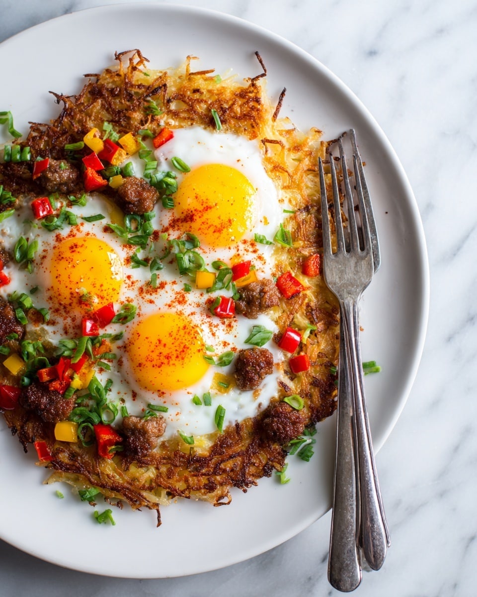 A white plate holds a round potato rösti base with crispy, golden-brown edges and a shredded texture. On top, there are three bright sunny-side-up eggs with smooth, shiny yolks sprinkled with a touch of red seasoning. Scattered over the eggs and rösti are small pieces of browned sausage, diced red and yellow bell peppers, and chopped fresh green onions, adding a mix of red, yellow, and green colors. A fork and knife rest on the right side of the plate, placed on a white marbled surface. photo taken with an iphone --ar 4:5 --v 7