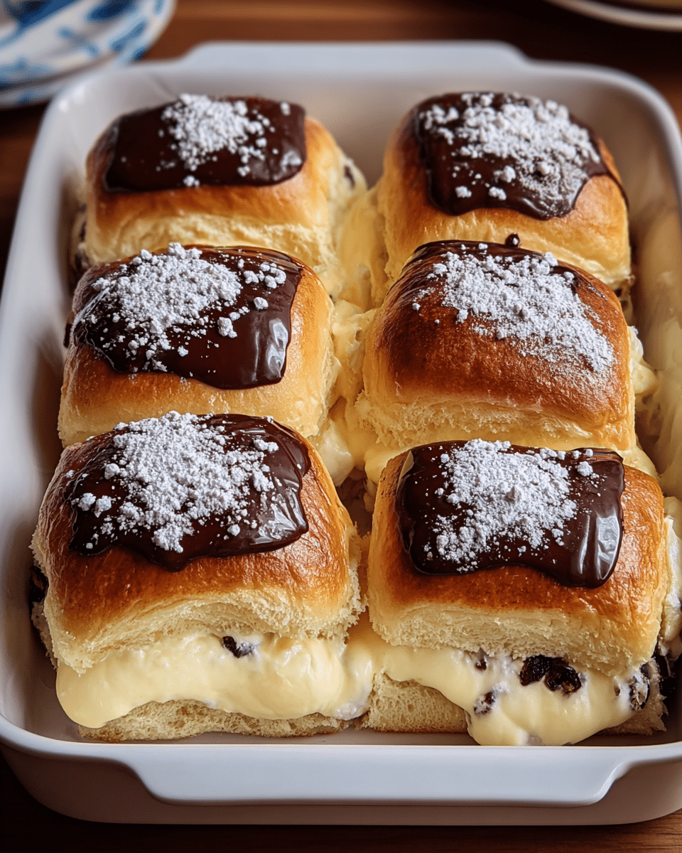 The image shows six soft, square bread rolls in a white baking pan on a white marbled surface. Each roll has three visible layers: a light golden-brown fluffy bread base, a thick creamy yellow filling in the middle, and a smooth, dark chocolate glaze on top. The chocolate layer covers the upper part of the rolls and is sprinkled with white powdered sugar unevenly. Some cream filling oozes out slightly between the rolls, making the dish look rich and delicious. photo taken with an iphone --ar 4:5 --v 7