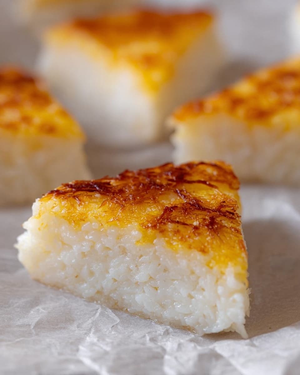A close-up of a square piece of dessert with two main layers on a white plate, placed on a white marbled surface. The bottom layer is thick, white, and textured, made of shredded coconut that looks soft and moist. The top layer is thinner, smooth, and golden brown with a slightly shiny surface that shows a light crust. The edges of the dessert are clean and sharp, and the focus is on the front corner where the layers meet. Photo taken with an iphone --ar 4:5 --v 7
