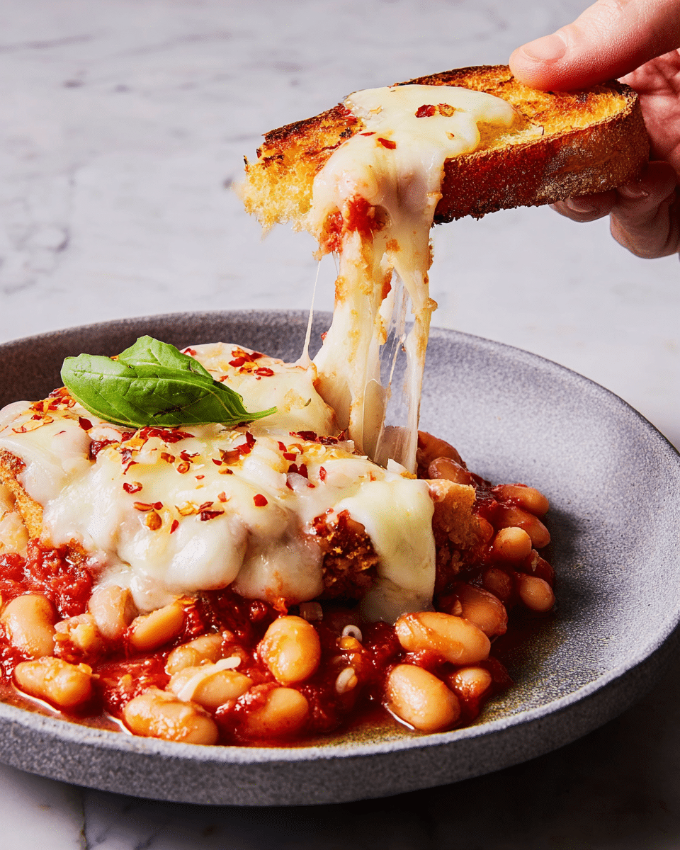A close-up view of a white bowl filled with a warm bean stew featuring plump white beans in a rich red tomato sauce, topped with melted white cheese that stretches softly across the surface, and sprinkled with small bits of a light crumbly topping. Three bright green fresh basil leaves are placed on top, adding a pop of color. A toasted triangular piece of golden-brown bread is partially dipped in the stew, resting on the right side of the bowl. The bowl sits on a white marbled surface with soft natural lighting. Photo taken with an iphone --ar 4:5 --v 7
