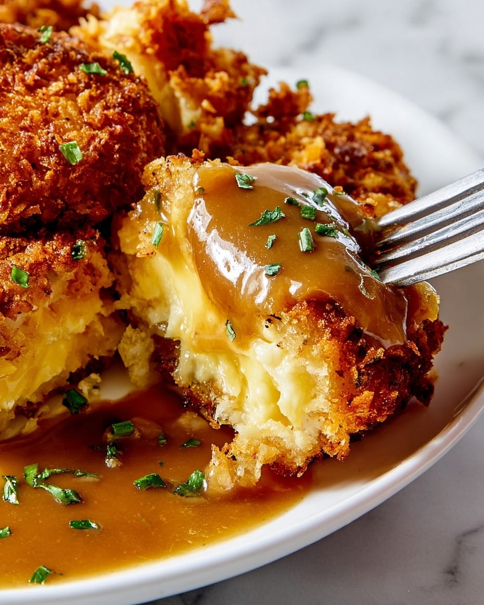 Two pieces of golden brown fried chicken are on a white plate, covered with thick, creamy mushroom gravy that has visible mushroom slices and chopped green herbs on top. A woman's hand is holding a silver fork lifting a crisp piece of chicken showing the inside, which is light and tender. To the right of the plate, there is a white bowl with extra mushroom gravy and a spoon inside. To the left, a small white bowl holds chopped green herbs. The background is a white marbled texture. photo taken with an iphone --ar 4:5 --v 7