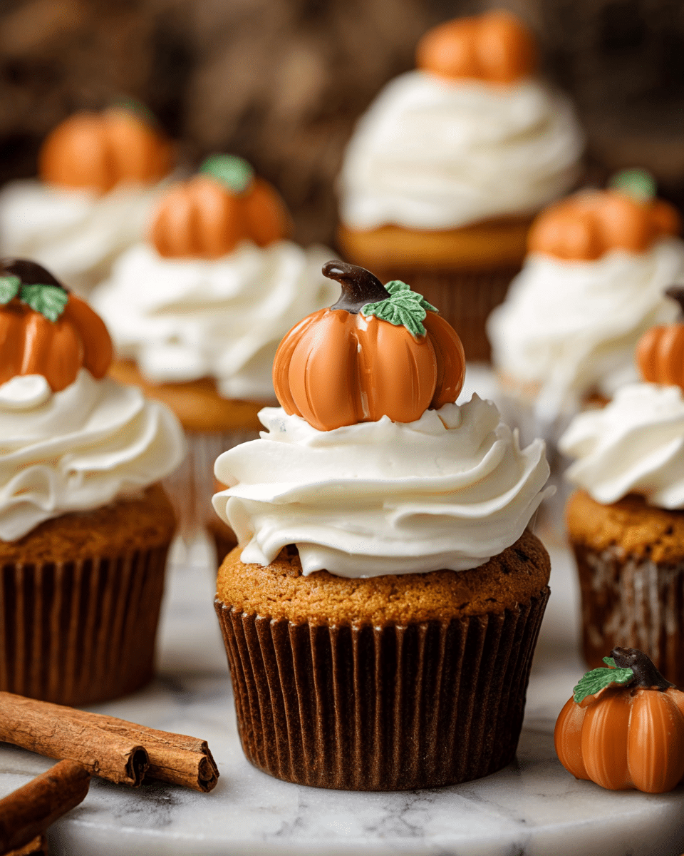 A pumpkin cupcake with a dark brown base and a light brown sponge layer topped with a thick swirl of smooth, white cream frosting. On top of the frosting, there is a small shiny orange pumpkin decoration with a dark brown stem and a small green leaf, sitting upright. Around the main cupcake, there are similar cupcakes with the same layers and decorations, all placed on a white marbled texture. Some small pumpkin decorations and cinnamon sticks in a glass can be seen near the cupcakes, adding to the cozy autumn feel. photo taken with an iphone --ar 4:5 --v 7