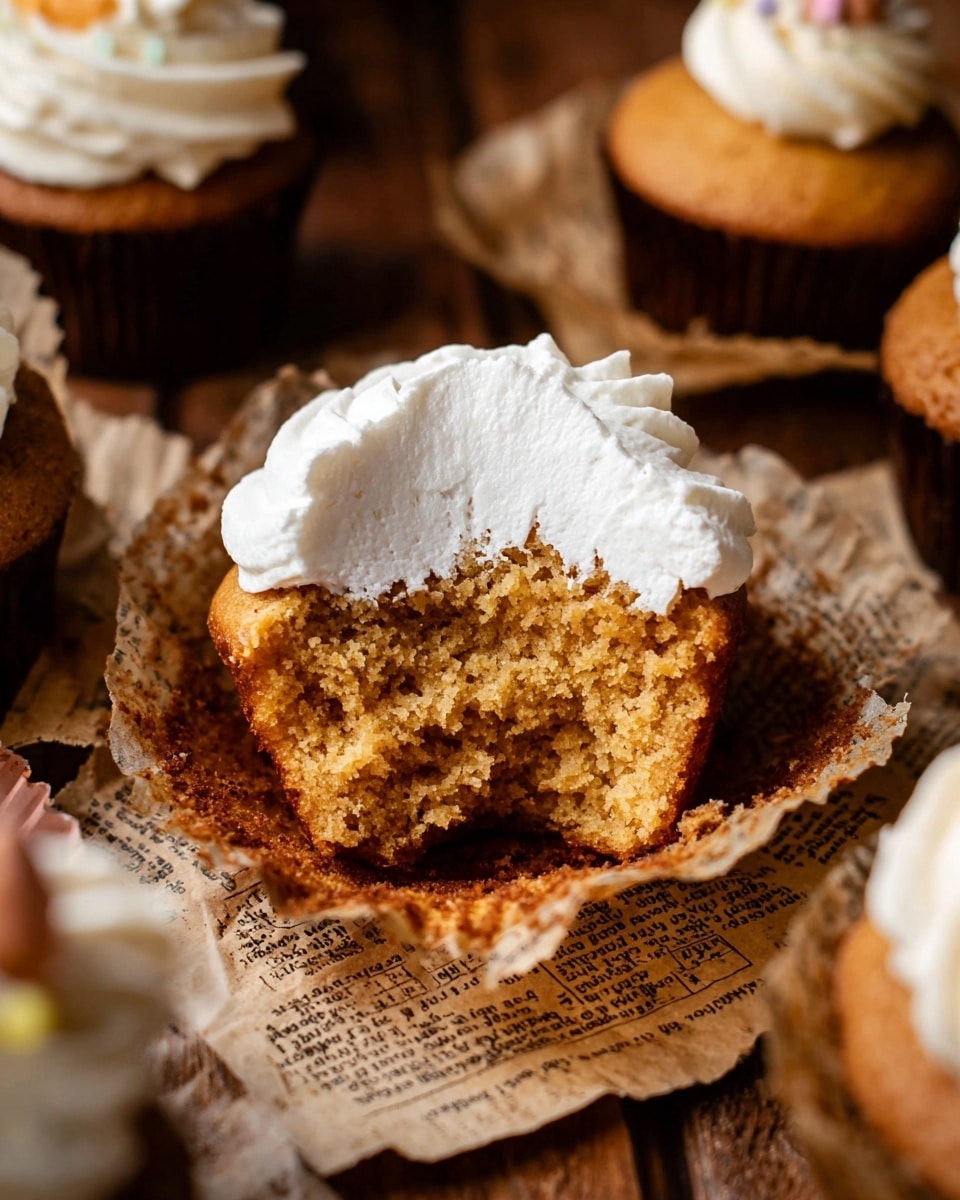 A close-up image of a partially eaten cupcake with a crumbly light brown base and a thick, fluffy swirl of white cream on top. The cupcake sits on torn pieces of old, printed paper on a wooden surface. Around it, there are other cupcakes, each topped with white cream and some small decorations, visible only partially. The texture of the cupcake base looks soft and moist, while the cream appears smooth and airy. photo taken with an iphone --ar 4:5 --v 7