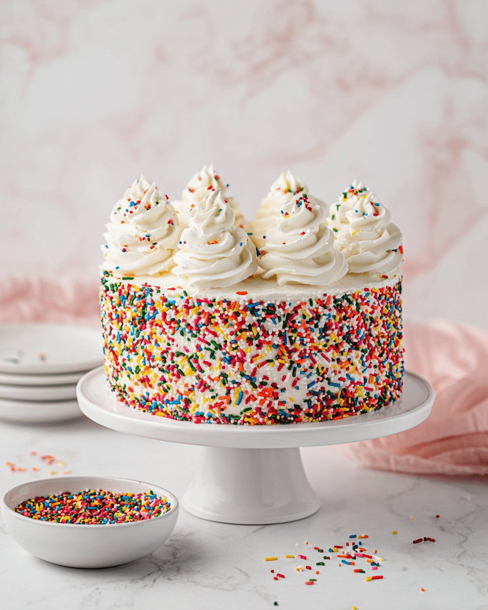 A small round cake with smooth white frosting fully covered on the sides with thick, colorful rainbow sprinkles in red, blue, green, yellow, orange, and white. On top, there are eight evenly spaced tall swirls of white whipped cream frosting, each topped with a few matching sprinkles. The cake sits on a white pedestal cake stand against a white marbled background. Nearby, a small white bowl filled with rainbow sprinkles is on the surface, along with some loose sprinkles scattered around. Photo taken with an iphone --ar 4:5 --v 7