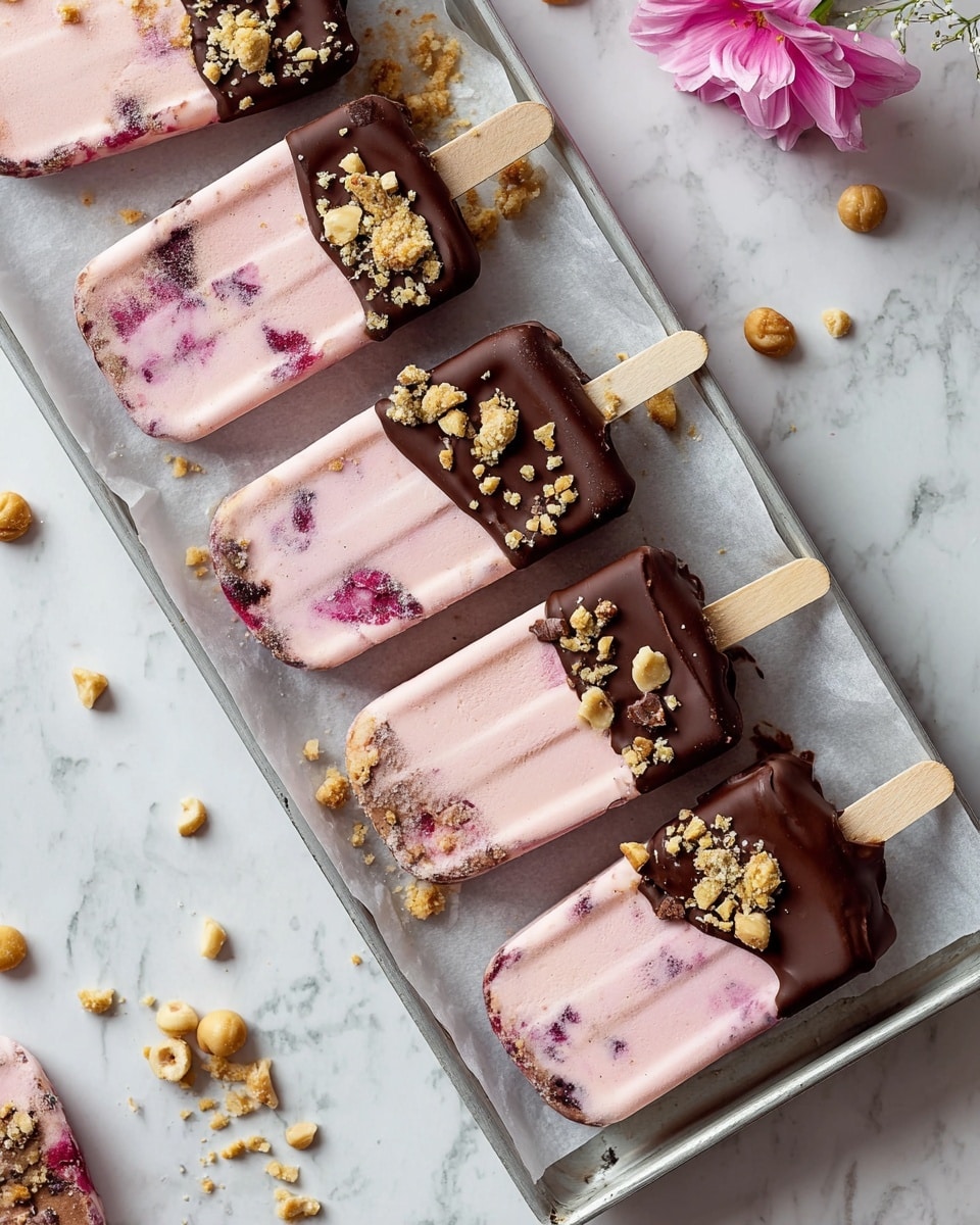 The image shows five rectangular frozen popsicles on a white tray with a light grey paper lining. Each popsicle has two layers: the bottom layer is pale pink with specks of red and purple fruit pieces inside, giving a soft, creamy texture. The top layer is dipped in dark brown chocolate, covering about one-third of the popsicle, and is decorated with a drizzle of extra chocolate. On top of the chocolate layer, there are small pieces of crushed nuts scattered for texture. Around the tray, small nut pieces and chocolate drops are scattered, enhancing the visual appeal. The background is a white marbled surface with a small pale pink flower in the upper corner. photo taken with an iphone --ar 4:5 --v 7