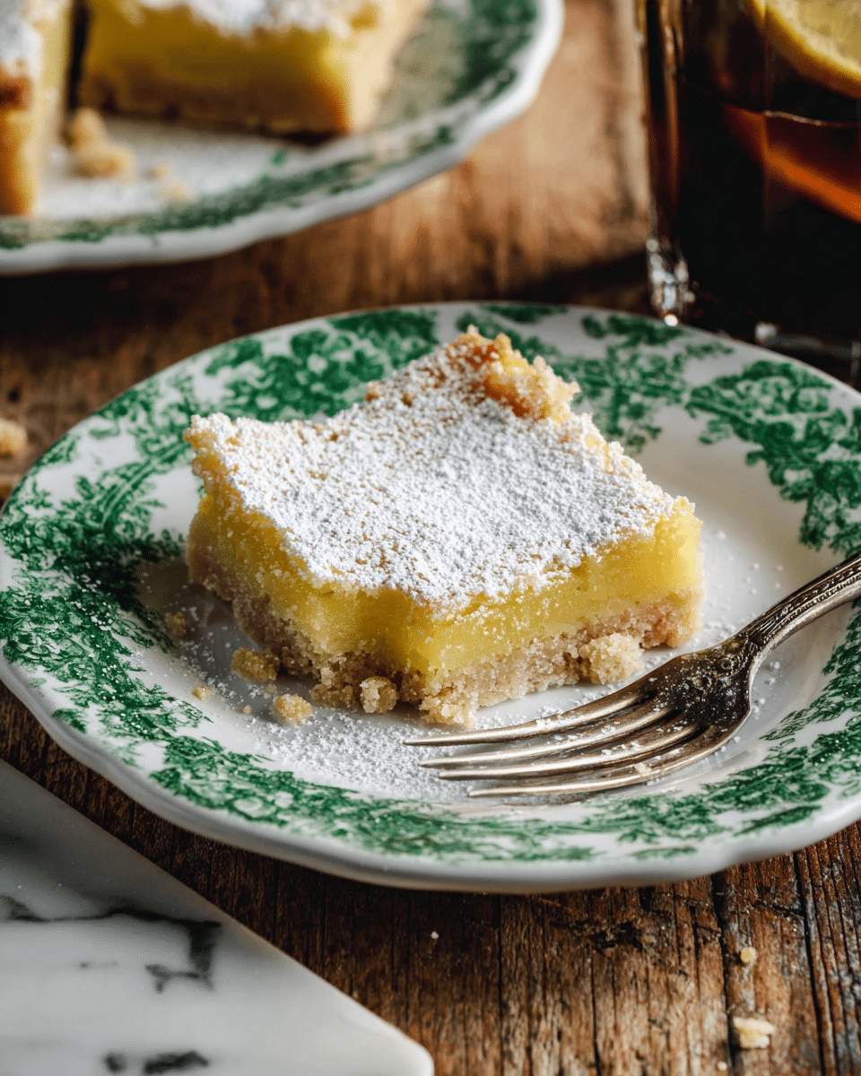 A slice of lemon bar dessert sits on a white plate with a green floral pattern around the edges. The lemon bar has three layers: a light golden-brown crumbly crust at the bottom, a thick bright yellow lemon filling in the middle, and a dusting of white powdered sugar on top. A smaller piece of the crust has been cut and is resting on a silver fork positioned at the edge of the plate. The plate is placed on a wooden surface with a partial view of another plate with more lemon bars and a dark glass with a drink on a white marbled texture. photo taken with an iphone --ar 4:5 --v 7