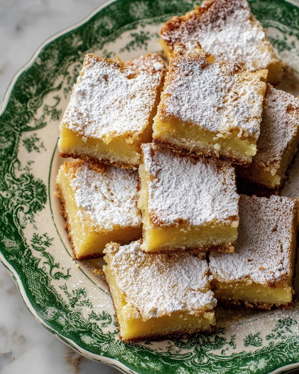 A plate filled with several square lemon bars stacked in a slightly messy pile. Each square has two layers: a thicker, golden-brown crust on the bottom and a lighter yellow, soft-looking lemon filling on top. The surface of each bar is dusted heavily with white powdered sugar, giving them a slightly rough texture. The plate is white with an intricate green floral and scroll design along the edge. The background is a white marbled surface. photo taken with an iphone --ar 4:5 --v 7