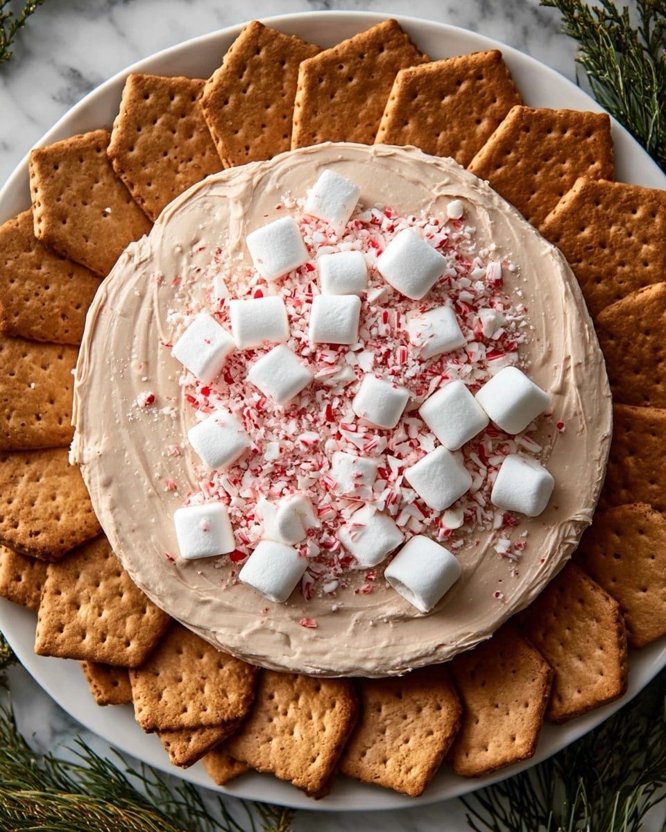 A circular layer of smooth, light brown cream cheese spread is placed in the center, topped halfway with white mini marshmallows and crushed red and white peppermint candy pieces, creating a textured, festive topping. Around this creamy circle, there is a neat outer ring of rectangular light brown graham crackers arranged like petals on a white plate. The plate rests on a white marbled surface with some green pine leaves partially visible at the edges, adding a cozy seasonal feel. Photo taken with an iphone --ar 4:5 --v 7