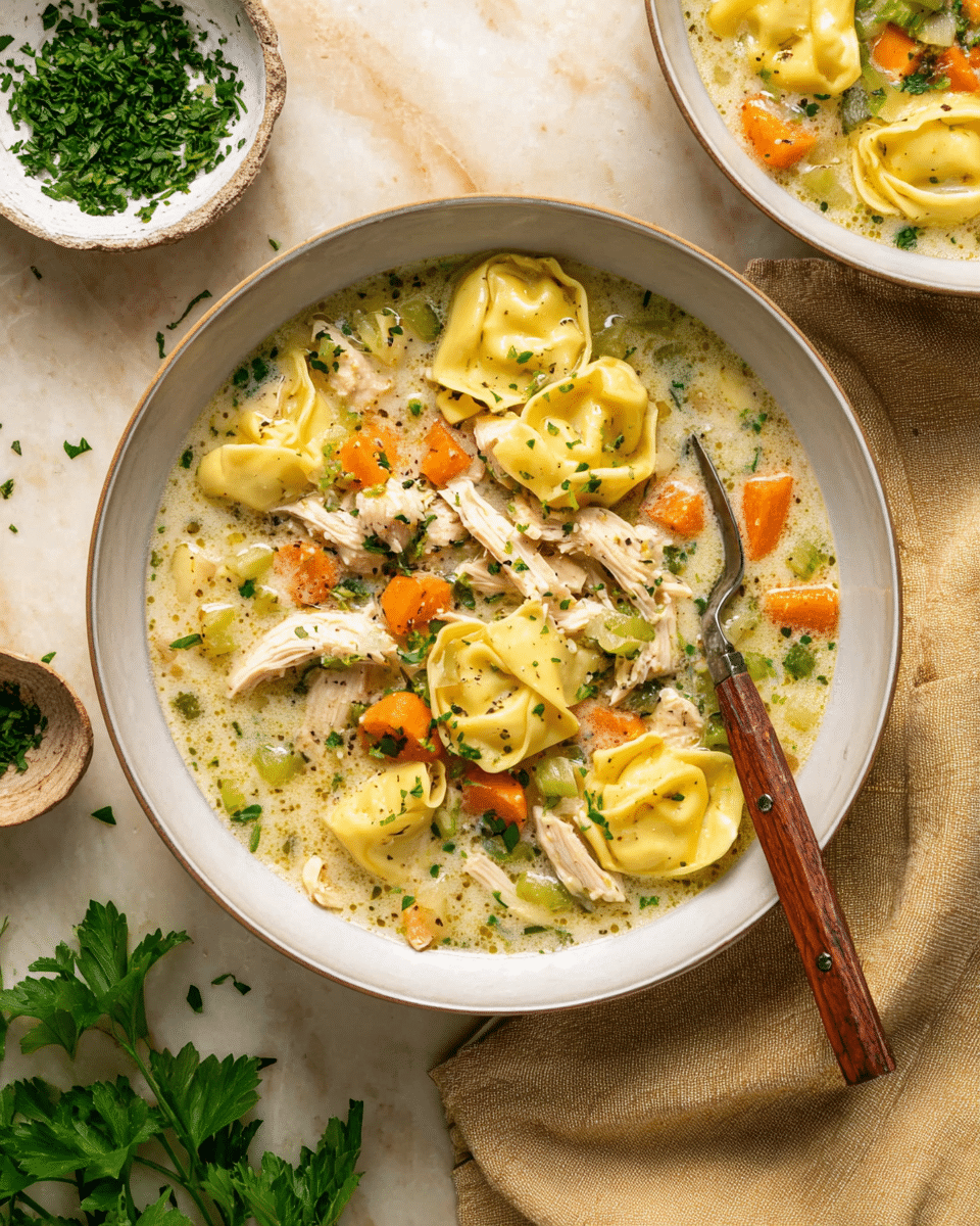 A white bowl filled with creamy chicken tortellini soup, showing about two layers; the base layer is a light creamy broth with bits of herbs, above it are several yellow tortellini pasta pieces with ruffled edges, shredded white chicken, bright orange carrot slices, and small green celery pieces, sprinkled with chopped dark green herbs; a wooden-handled fork rests inside the bowl on the right side, the bowl sits on a white marbled surface with a beige cloth napkin and fresh parsley leaves nearby, and a smaller white bowl with chopped parsley is seen above the main bowl. Photo taken with an iphone --ar 4:5 --v 7