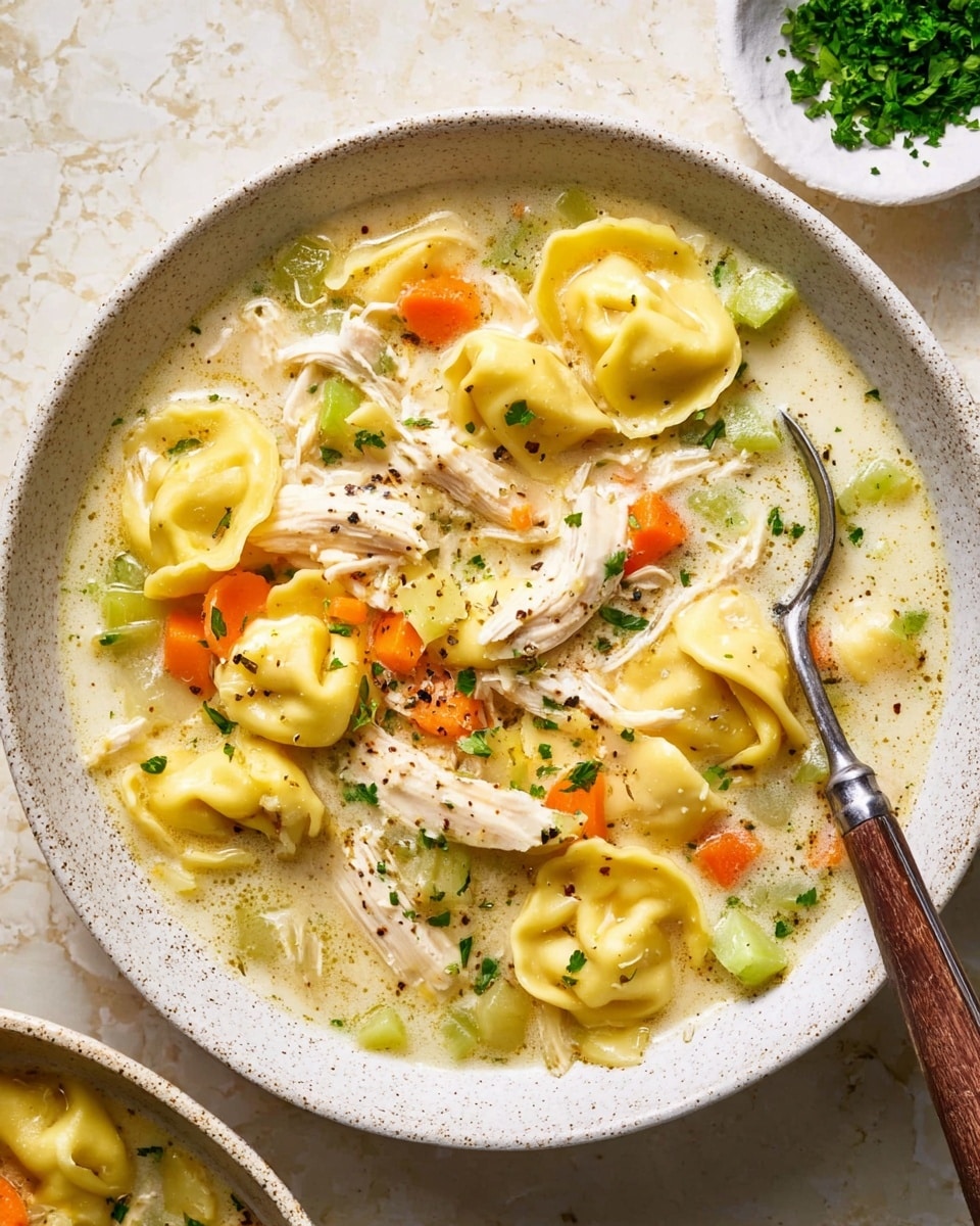 A close-up view of a bowl filled with creamy chicken and tortellini soup, showing a mix of yellow tortellini pasta with ruffled edges, shredded white chicken pieces, and diced orange carrots and green celery in a light creamy broth, garnished with small sprinkles of green herbs and black pepper. The soup is served in a large, white speckled bowl with a silver spoon that has a wooden handle resting inside. The scene includes some chopped green herbs in a small white bowl near the top right corner, all set on a white marbled textured surface. photo taken with an iphone --ar 4:5 --v 7