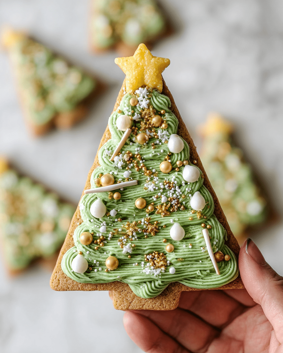 A triangular cookie held by a woman's hand has three layers: the base is a light brown baked cookie, the middle layer is thick green frosting swirled in rows to look like tree branches, and it is decorated with small round and star-shaped gold and white sprinkles, tiny white rods, and gold glitter dust. At the top of the tree is a larger yellow star-shaped decoration. The background surface is white marbled with blurred cookies visible in the distance. photo taken with an iphone --ar 4:5 --v 7