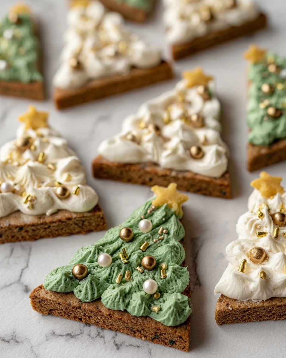 The image shows multiple triangular cookie slices arranged on a white marbled surface, each decorated to look like Christmas trees. Each cookie has two layers, with a brown cookie base and a thick layer of piped frosting on top. Some cookies have smooth white frosting with shiny gold and pearl sprinkles, while others feature textured green frosting with similar gold and pearl decorations and a small yellow star at the top of each tree. The green frosting looks creamy with swirls, and the white frosting is piped in soft, rounded dollops. The sprinkles vary in shape, including small rods, stars, and balls, adding a festive touch. photo taken with an iphone --ar 4:5 --v 7