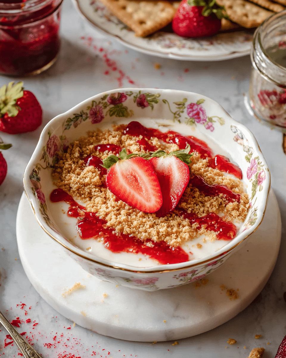 A white vintage-style bowl with a floral pattern holds a creamy white base, likely yogurt or milk, topped with crumbled light brown graham crackers spread evenly. Bright red strawberry sauce is drizzled in thin lines across the top, adding a glossy texture. Two sliced strawberry halves rest in the center, showing their red exterior and pale interior, adding a fresh fruit layer. The bowl sits on a white marbled surface with hints of red crumbs around it, alongside other items like a jar of strawberry jam and a plate with graham crackers and strawberries. photo taken with an iphone --ar 4:5 --v 7