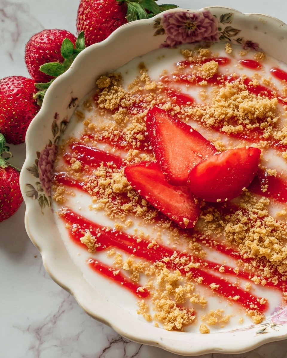 A close-up view of a white floral-edged bowl on a white marbled surface, filled with a creamy white base, topped with a layer of red strawberry sauce drizzled in lines across the surface. Crushed golden brown crumbs are sprinkled unevenly over the sauce, adding texture, and three thin, fresh red strawberry slices sit in the center as a garnish, with their soft shiny surface and tiny seeds visible. Some whole strawberries peek from the top left edge of the bowl, showing bright red color and green leaves. Photo taken with an iphone --ar 4:5 --v 7