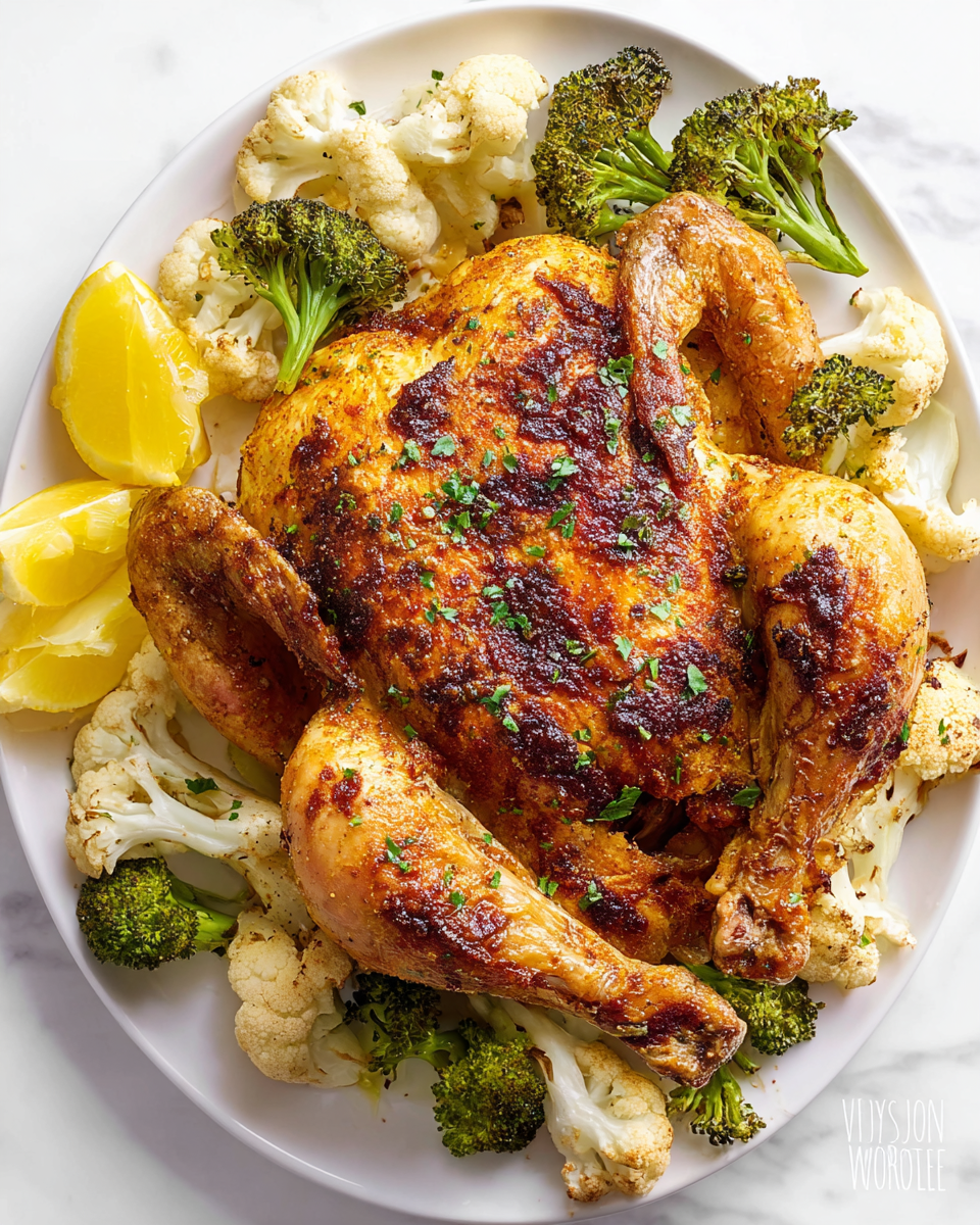A whole roasted chicken with a golden brown and crispy skin sits in the center of a white plate, sprinkled with small green herb pieces. Surrounding the chicken are pieces of lightly browned broccoli and cauliflower, adding green and white colors with a roasted texture. On the left side of the plate, there are three lemon wedges with bright yellow peel and pale juicy centers. The white plate rests on a white marbled surface. photo taken with an iphone --ar 4:5 --v 7