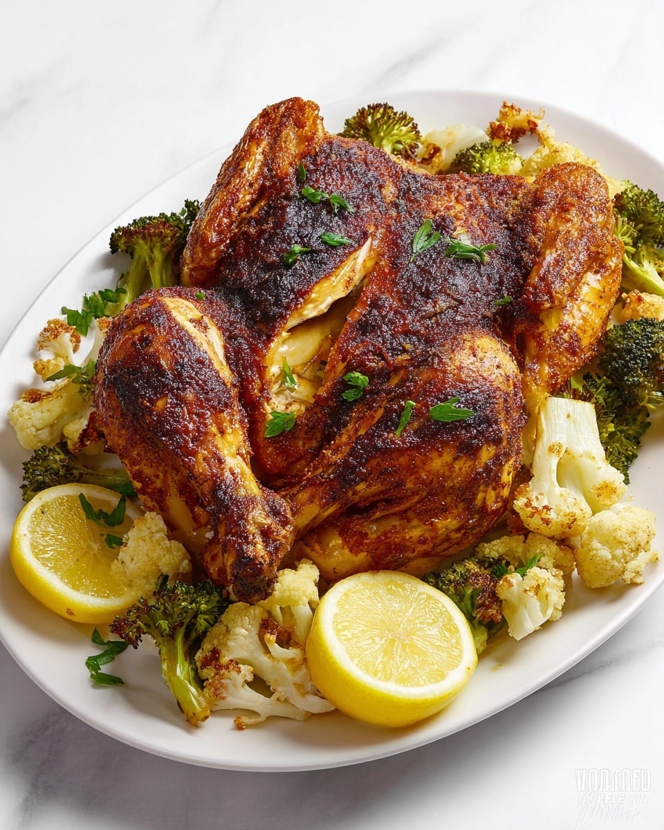 A whole roasted chicken with a dark golden and slightly charred crispy skin is centered on a white plate. The chicken is split down the middle, showing juicy, tender layers beneath the browned outer skin. Around the chicken are roasted florets of broccoli and cauliflower, showing charred green and creamy white colors. At the front of the plate, two bright yellow lemon wedges are placed, adding a fresh contrast. Small green parsley leaves are sprinkled over the chicken and vegetables, adding a fresh touch. The photo is taken on a white marbled surface. photo taken with an iphone --ar 4:5 --v 7