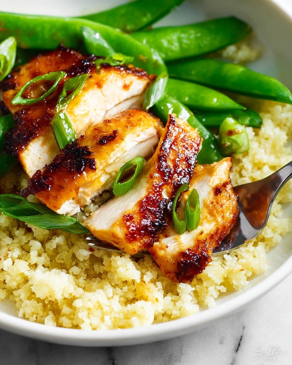 A close-up view of a white plate with three layers of food: at the bottom is a bed of light yellow cauliflower rice with a soft, grainy texture; on the right side are bright green cooked snap peas, smooth and shiny; on top, near the center, is a thick piece of grilled chicken breast, golden brown with charred edges and a slightly crispy surface, cut into slices revealing white tender meat inside. Thin slices of green onion are scattered on the chicken and peas, adding a fresh green touch. A silver fork is cutting into the chicken. The plate sits on a white marbled surface. photo taken with an iphone --ar 4:5 --v 7