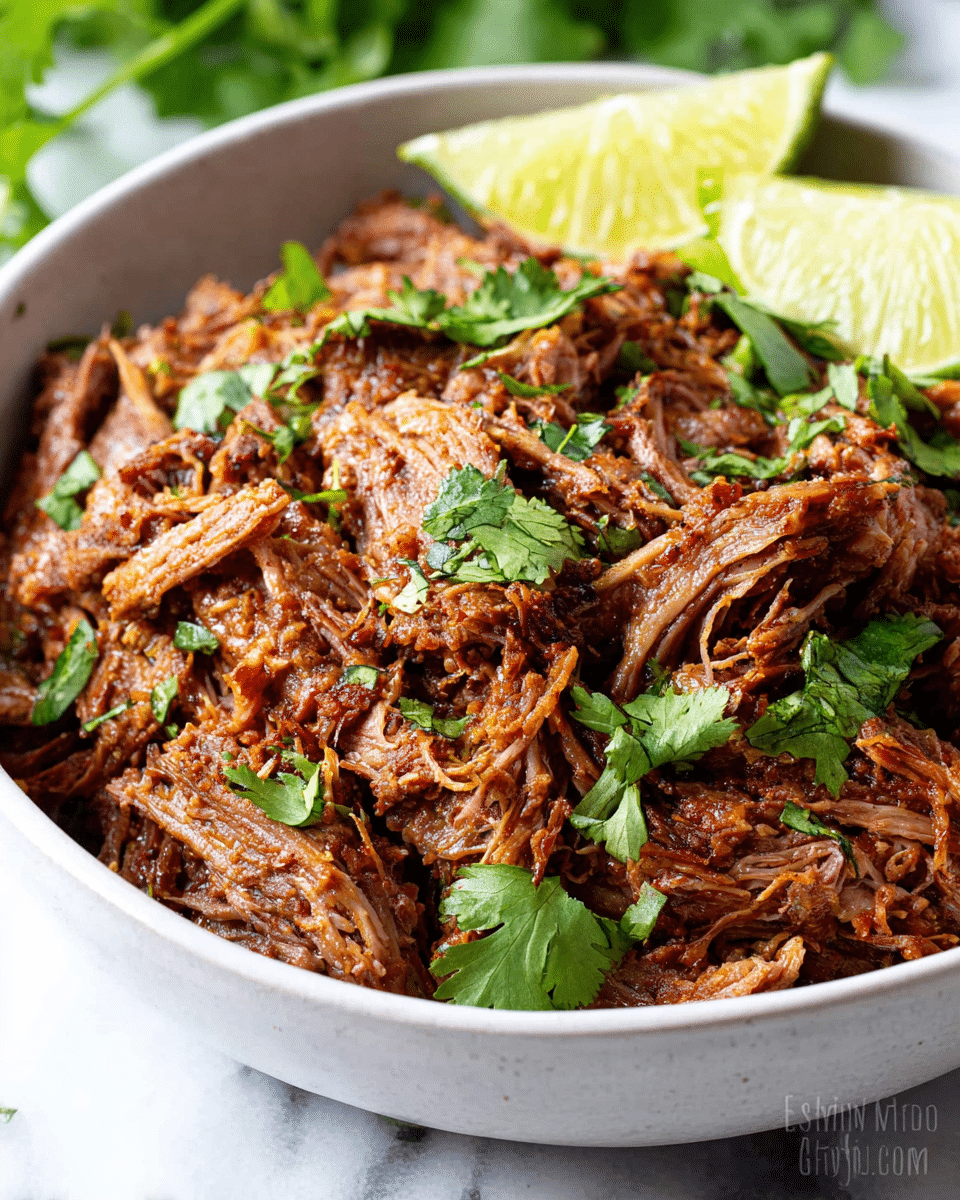 A close-up of a bowl filled with shredded cooked meat that is brown with some reddish tones and looks moist and tender, scattered with fresh green cilantro leaves on top. On the side inside the bowl, there are two light yellow lime wedges with green rinds. The bowl is white and sits on a white marbled surface with some green out-of-focus leaves in the background. The texture of the meat is fibrous and juicy. photo taken with an iphone --ar 4:5 --v 7