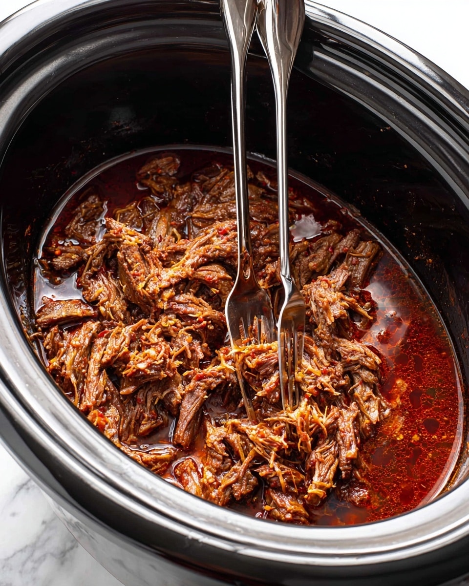A close-up view inside a black slow cooker shows shredded beef in rich, dark reddish-brown sauce with visible oil glistening on the surface. The tender meat pieces are piled in the center with two metal forks stuck into them, their shiny silver handles rising out of the cooker. The texture of the meat looks soft and juicy, with fine strands and chunks mingled throughout, all resting in a small pool of thick, flavorful sauce at the bottom. The whole slow cooker is set against a white marbled texture. photo taken with an iphone --ar 4:5 --v 7