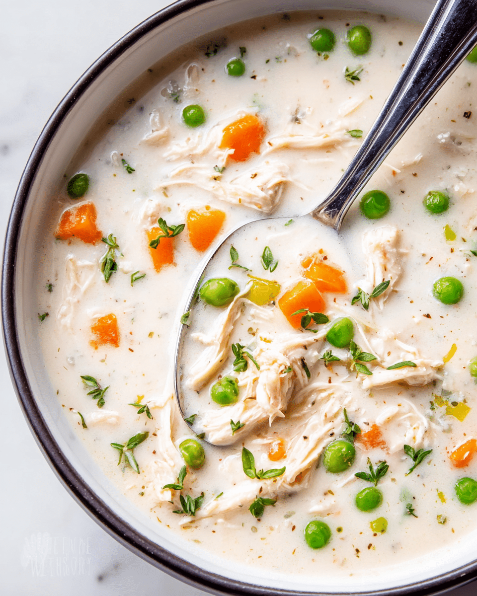 A close-up view of a creamy white chicken soup served in a white bowl with a dark rim, filled nearly to the top with a thick white broth. Visible inside the soup are shredded white chicken pieces, small bright orange carrot chunks, and vibrant green peas scattered throughout. The surface is sprinkled with small green herb leaves, adding a fresh contrast. A shiny silver spoon rests inside the bowl, slightly submerged in the soup, reflecting some of the soup’s colors. The bowl is positioned on a white marbled surface, giving a clean and fresh look. Photo taken with an iphone --ar 4:5 --v 7