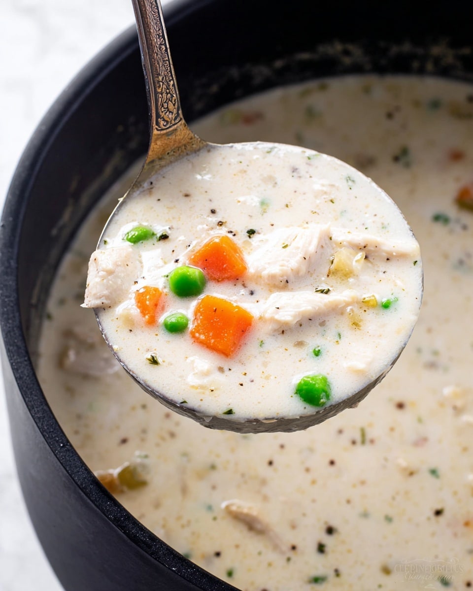 A close-up image shows a silver ladle filled with creamy white chicken soup with visible chunks of white chicken, bright orange carrot pieces, and vibrant green peas scattered throughout. The soup has a thick, smooth texture with specks of herbs and pepper dotted on the surface. The ladle is held above a black pot filled with the same creamy soup, resting on a white marbled texture. photo taken with an iphone --ar 4:5 --v 7